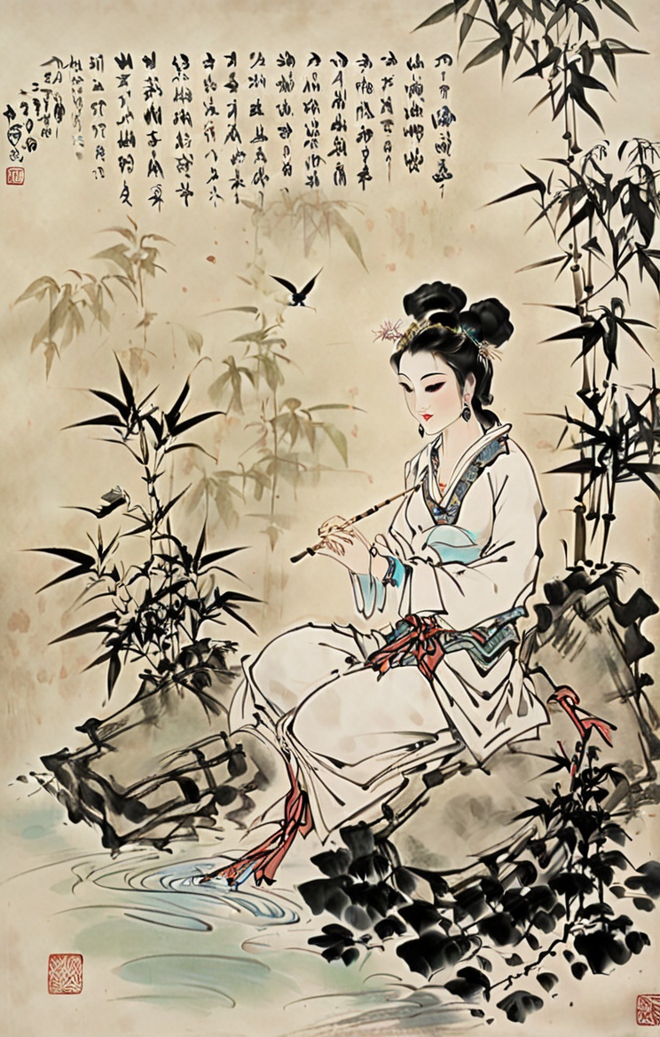 1girl, Baibohua, solo, black hair, jewelry, bracelet, necklace, chinese clothes, chinese text, dress, hair bun, plant, earrings, hair ornament, flower, beads, long sleeves, bamboo a painting of a woman sitting on a rock next to a bamboo tree and water with a bird flying over it, <lora:XL_Baibo:0.7>
