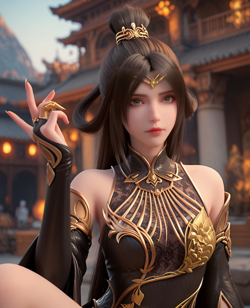 (oriental architecture, elegant decor, sophisticated style:1.1),legs up,(breasts:1.2),<lora:XL完美世界魔女2:0.95>,miss monv,solo,black dress,green eyes,circlet,black hair,long hair,hair bun,white  streaked hair,lips,claw rings,jewelry,detached sleeves,bridal gauntlets,hair rings,, zPDXL2, score_9, score_8_up, score_7_up BREAK realistic, masterpiece,best quality, highly detailed,, zPDXL3, zPDXL2,zPDXL, zPDXLxxx, zPDXLrl,