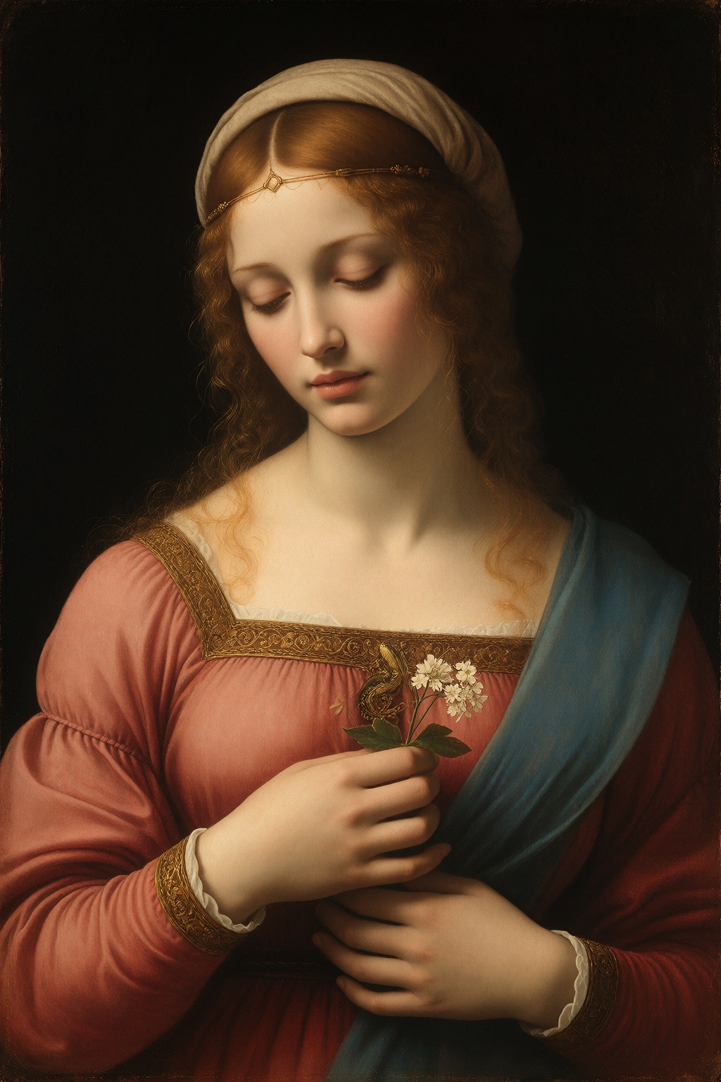 In the style of Leonardo da Vinci,  Madonna with a flower,  a young Madonna holding a small flower on Tensor.Art
