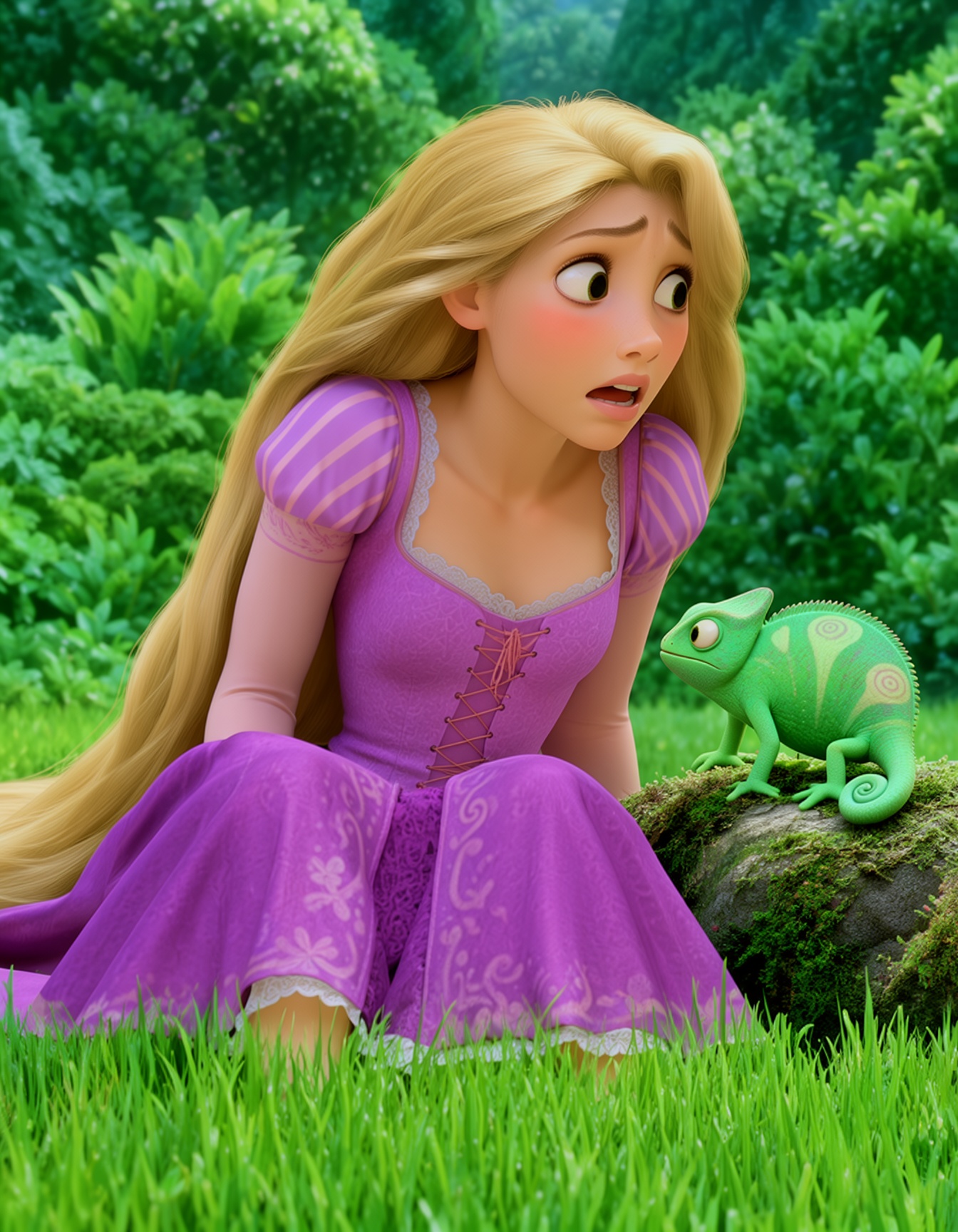 This is a digital CGI illustration featuring xrapunzelx,  a young woman with long blonde hair and fair skin,  sitting on l...