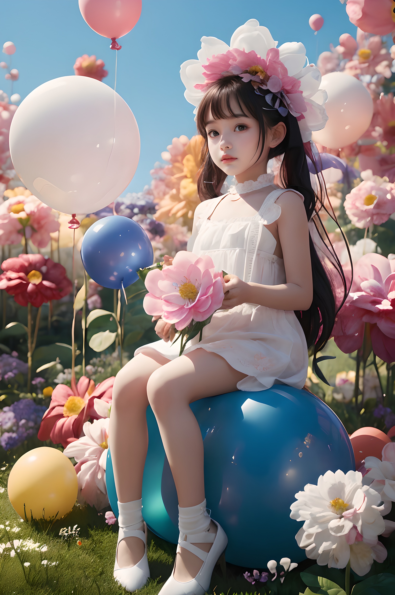 baby,3 years old,female children,<lora:Balloon Flowers_V10:0.6>,(sitting on a balloon),blooming flowers,(((the huge flower contrasts with the tiny girl))),middle of stamens,balloon flower,balloon,dream scene,CAD,unreal engine,shoes, <lora:Balloon Flowers_20231120130603:0.7>