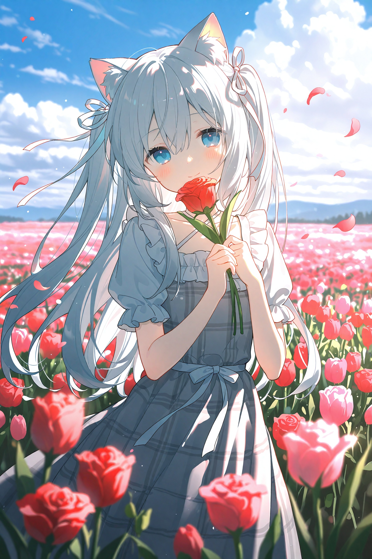 1girl,solo,animal ears,flower,short sleeves,puffy short sleeves,tulip,puffy sleeves,blue eyes,dress,outdoors,smile,plaid dress,holding flower,long hair,blush,sky,red flower,day,hair between eyes,grey hair,holding,plaid,closed mouth,petals,very long hair,cloud,blue sky,bow,depth of field,hand up,hair bow,blurry,grey dress,cat ears,two side up,hair ribbon,pink flower,white bow,field,ribbon,white ribbon,cloudy sky,flower field,blurry foreground,multicolored hair,looking at viewer,criss-cross halter,signature,halterneck,frills,blurry background,white dress,two-tone hair,standing,rose,animal ear fluff,white hair,collarbone,hugging object,cat girl,hands up,head tilt,heart,looking to the side,red rose,