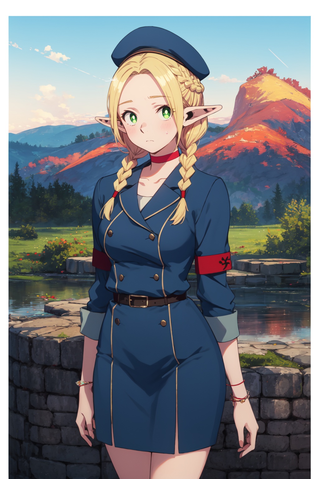 <lora:Marcille:0.7:lbw=midd>,marcille_cyql,1girl,looking at viewer,solo,elf,blonde hair,pointy ears,long hair,green eyes,braid,choker,twin braids,red choker,Retro flight attendant uniform with a A-line dress, pillbox hat, and gloves,Sad, downturned mouth, drooping eyelids, and furrowed brow.,full_shot,beautiful face,beautiful eyes,glossy skin,shiny skin,Geysers, Volcanic, Steam, Landscape, Hot Springs, Colors, Serenity, Power,(Rhododendron blooms, Alpine slopes, Himalayan peaks, Prayer flags, Mountain flora, Himalayan charm:0.6),beautiful detailed sky,beautiful detailed glow,posing in front of a colorful and dynamic background,masterpiece,best quality,beautiful and aesthetic,contrapposto,female focus,wallpaper,fashion,