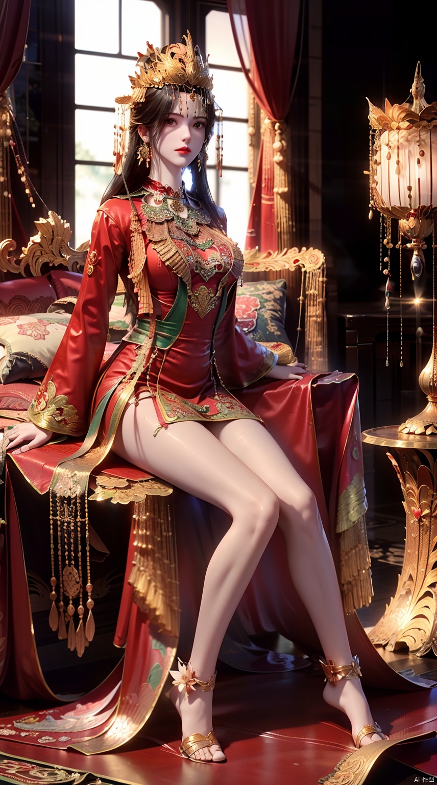 1girl,solo,perfect face,look at viewer,sitting,masterpiece,best quality,highly detailed,(Full body:1.4),LiMuWan,1girl,artist name,bangs,black eyes,black hair,chinese clothes,crown,floral print,gem,gold,jewelry,lips,lipstick,long hair,looking at viewer,makeup,red lips,solo,earrings,hair ornament,necklace,red dress,Beautiful thighs, showing thighs,Bare feet, five toes<lora:EMS-267958-EMS:0.700000>, <lora:EMS-414257-EMS:0.800000>