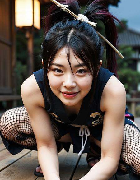 1girl,(asian girl face:1.3),(:.1),(chinese girl face:1.1),(slender face:.7),(cute girl:0.5),(Roman nose,aquiline nose:1.1),(tsurime,slant eyes:1.3),,(troubled eyebrows,Downward-slanting eyebrows,Drooping eyebrows:1.1),(thin eyebrows,light eyebrows,short eyebrows,light makeup,natural look:1),(open mouth wide,(perfect upper teeth,datailed upper teeth:1.1),(worst quality upper teeth:-1.5):1.3),(smile:1.1),,(yuzuriha \(jigokuraku\),sleeveless,wearing japanese short clothes,fishnets,edo period:1.3),wooden floor costume,outdoors,detailed background,dynamic action pose,(full body:1.1),(dynamic angle),,HDR photography,depth of field, realistic, photorealistic,(avoiding harsh bright,ultra-realistic skin texture:1.3),(moisten skin,dampened skin,glossy skin,glossy skin face,oiled skin,oiled skin face,glistening skin:1.3),(half body view,knee up shot),high quality,highres,8k, <lora:dmd2 4 steps fix:1>,(blue Hour Light:0.3),(night,dim lighting:1.1),(thin eyebrows:-1.5),
