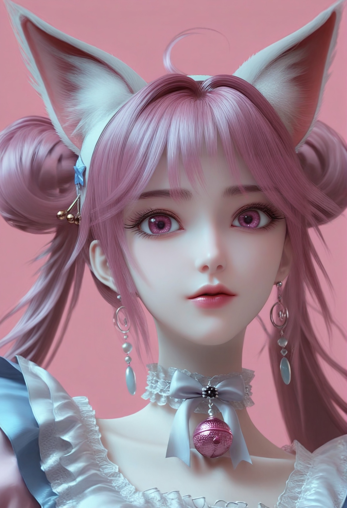 (score_9),<lora:小狸-Apony:0.86>,xiaohuli,solo,animal ear fluff,fox ears,double bun,long hair,twintails,pink hair,ahoge,hairband,earrings_ring,lipstick,choker,neck bell,frills,jewelry,earrings,maid dress,bow,<lora:perfect-eyes:0.8>,pink eyes,(((arms_behind_back))),(mature_female:1.1),mature,collarbone,<lora:e色温:0.5>,(white_skin),(fair_skin),<lora:e肤色滑块:0.5>,front view,light blush,simple background,(huge filesize:1.1),(wallpaper:1.1),(game cg:1.1),rim light,pink background,<lora:Expressive_H:0.8>,<lora:detailed_notrigger:1>,<lora:皮肤凹痕:1.2>,<lora:身材滑块:1>,