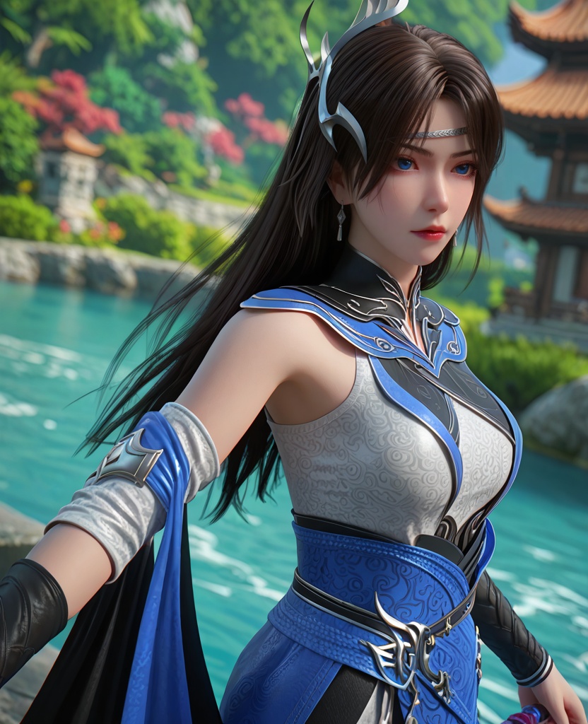 (oriental architecture, elegant decor, sophisticated style:1.1),(paddleboarding,huge waves:1.1),(breasts:1.2),<lora:XL百炼成神裴芸:0.95>,miss peiyun,black hair,long hair,jewelry,earrings,blue eyes,hair ornament,detached sleeves,dress,breasts,bare shoulders,circlet,mole under eye,sash,, zPDXL2, score_9, score_8_up, score_7_up BREAK realistic, masterpiece,best quality, highly detailed,, zPDXL3, zPDXL2,zPDXL, zPDXLxxx, zPDXLrl,