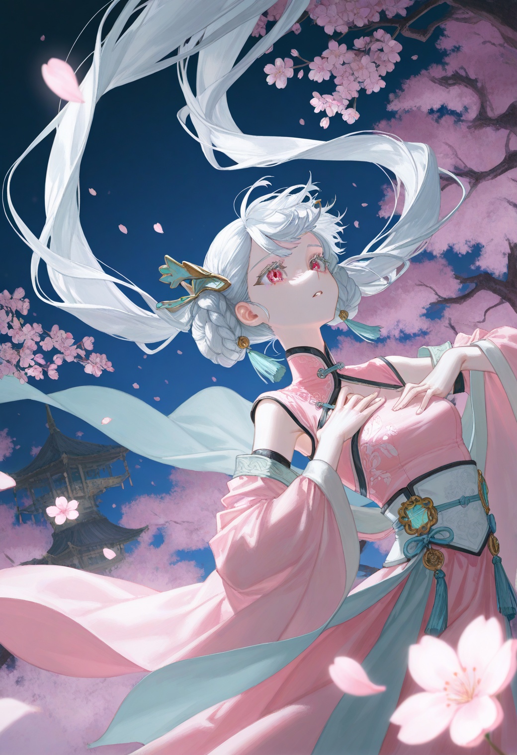 1girl,solo,short hair,bangs,breast,hair ornament,dress,Upper body,Peach blossom eyes,white hair,outdoors,detached sleeves,white and pink dress,tree,petals,night,flower,parted lips,hands on own chest,cherry blossoms,scenery,spread arms,dancing,falling petals,braid,twintails,off shoulder,very long hair,hair bun,chinese clothes,tassel,jinhsi,(artist:quasarcake:0.8),extreme aesthetic,best quality,good quality,newest,very aesthetic,absurdres,Visual impact,Electromotive force,perspective composition,A shot with tension,ultra-high resolution,32K UHD,sharp focus,best quality,masterpiece,Emotionalization masterpiece,unconventional supreme,masterful details,with a high end texture,in the style of fashion photography,(Visual impact:1.2),