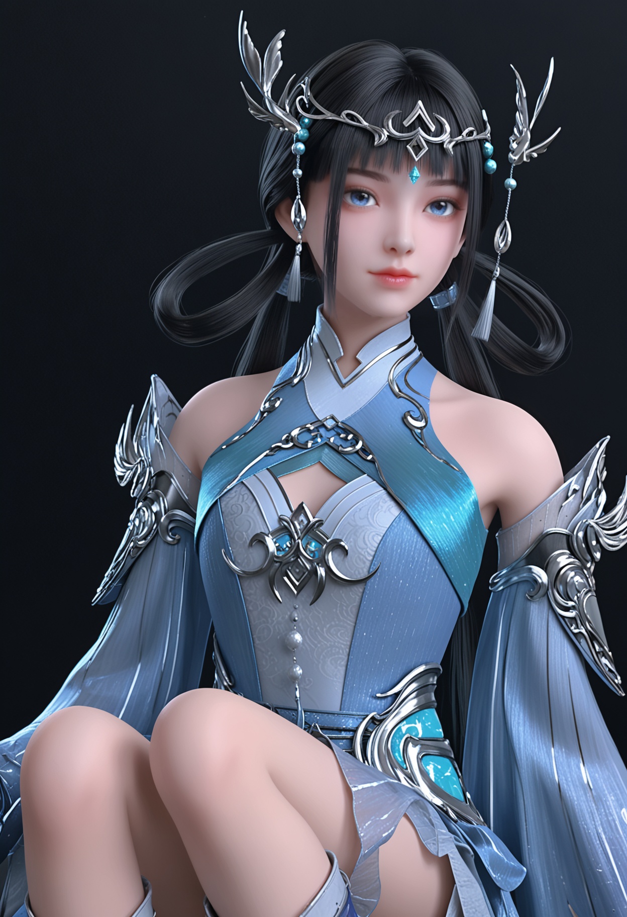 (looking_at_viewer:1.2),(upper_body:1.2),<lora:YQ_pony_jianyan_V4:0.8>,1girl,q1528437228,solo,black hair,long hair,hair ornament,chinese clothes,hair rings,blue eyes,twintails,jewelry,tiara,earrings,boots,circlet,low twintails,ponytail,blunt bangs,(simple background,pure black background,black background:1.1),perfect_anatomy,