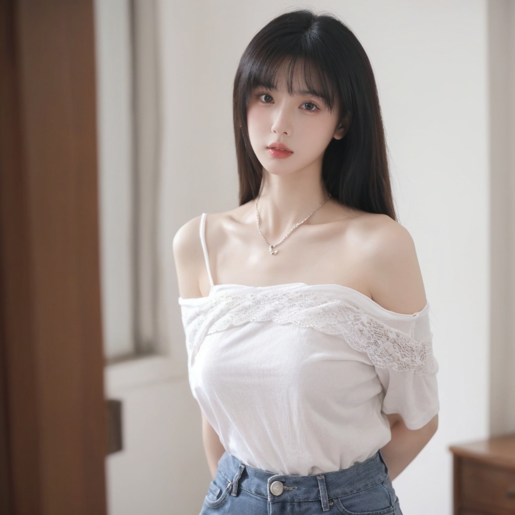 1girl,arms_behind_back,bare_shoulders,black_hair,blurry,blurry_background,blurry_foreground,breasts,brown_eyes,collarbone,cowboy_shot,depth_of_field,heart,jewelry,lips,long_hair,looking_at_viewer,motion_blur,necklace,off_shoulder,parted_lips,photo_\(medium\),pov,pov_hands,shorts,solo_focus, <lora:sifang_20231118123505:0.6>
