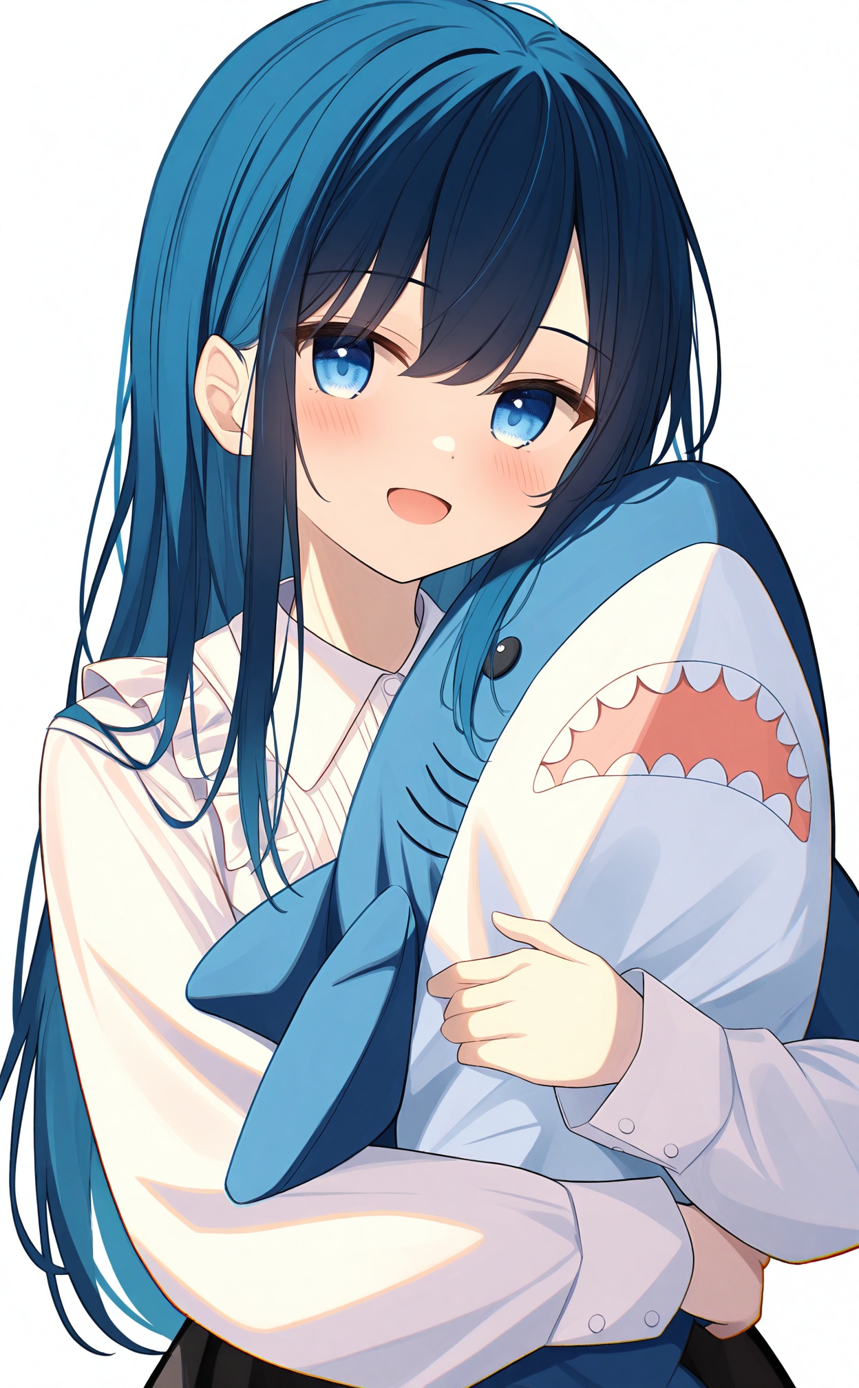 white_background,masterpiece,very aware,highres,absurdres,newest,best quality,loli,petite,high quality,chromatic_aberration,loli,loli,//,1girl, solo, stuffed_shark, blue_eyes, stuffed_toy, shirt, long_hair, blue_hair, hugging_object, stuffed_animal, black_skirt, long_sleeves, white_shirt, white_background, simple_background, skirt, smile, looking_at_viewer, blush, collared_shirt, open_mouth, :d, very_long_hair, upper_body, frills, frilled_shirt_collar, hair_between_eyes, holding_stuffed_toy, hugging_doll//,//,<lora:千道センリ——【noob】hans:0.8>,
