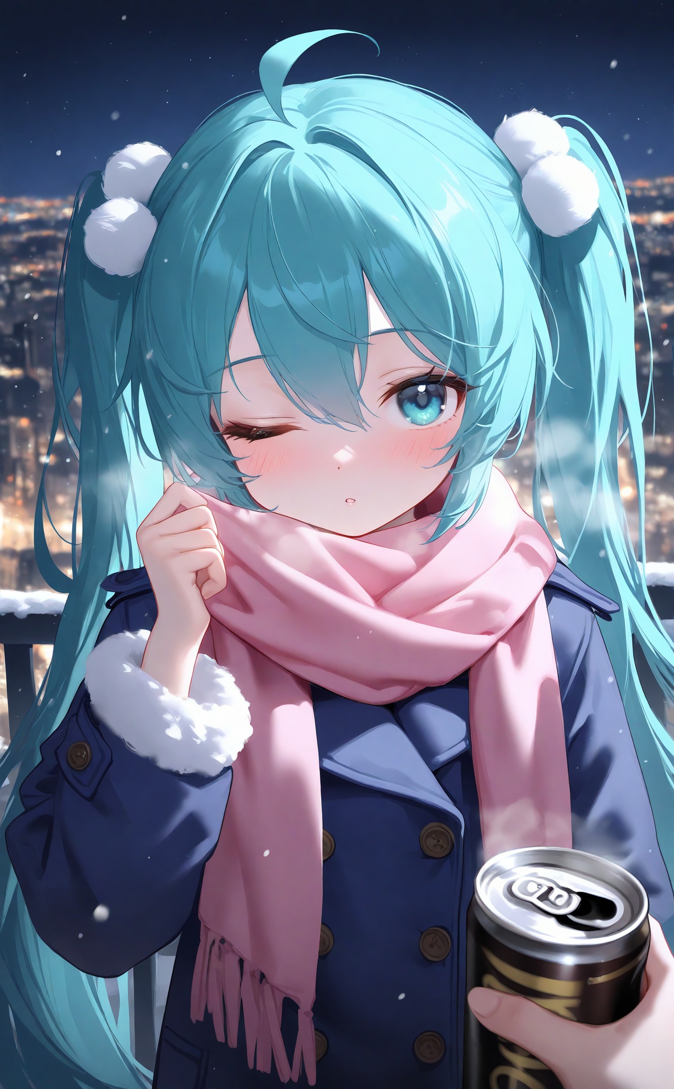 masterpiece,very aware,highres,absurdres,newest,best quality,loli,petite,high quality,chromatic_aberration,//pink scarf, 1girl, hatsune miku, can, one eye closed, holding, night, blush, blue hair, scarf, pov hands, snowing, long hair, holding can, twintails, pov, looking at viewer, 1other, blue coat, fur-trimmed sleeves, outdoors, blue eyes, night sky, pom pom hair ornament, hair ornament, fur trim, long sleeves, railing, sky, upper body, solo focus, pom pom (clothes), drink can, coat, winter, closed mouth, blue jacket, jacket, snow, hair intakes, hair between eyes, holding drink, out of frame, ahoge, very long hair, breath, canned coffee, cityscape, blurry, aqua eyes, hair bobbles, aqua hair, winter clothes, city lights, fur-trimmed coat, skyline, blurry background, buttons, dot nose, star (sky), parted lips, winter coat, hand up, 1boy, building, drink, sidelocks, solo, adjusting scarf, depth of field, city, double-breasted, fringe trim, soda can<lora:lp40 Zaurak-000040:0.8>,