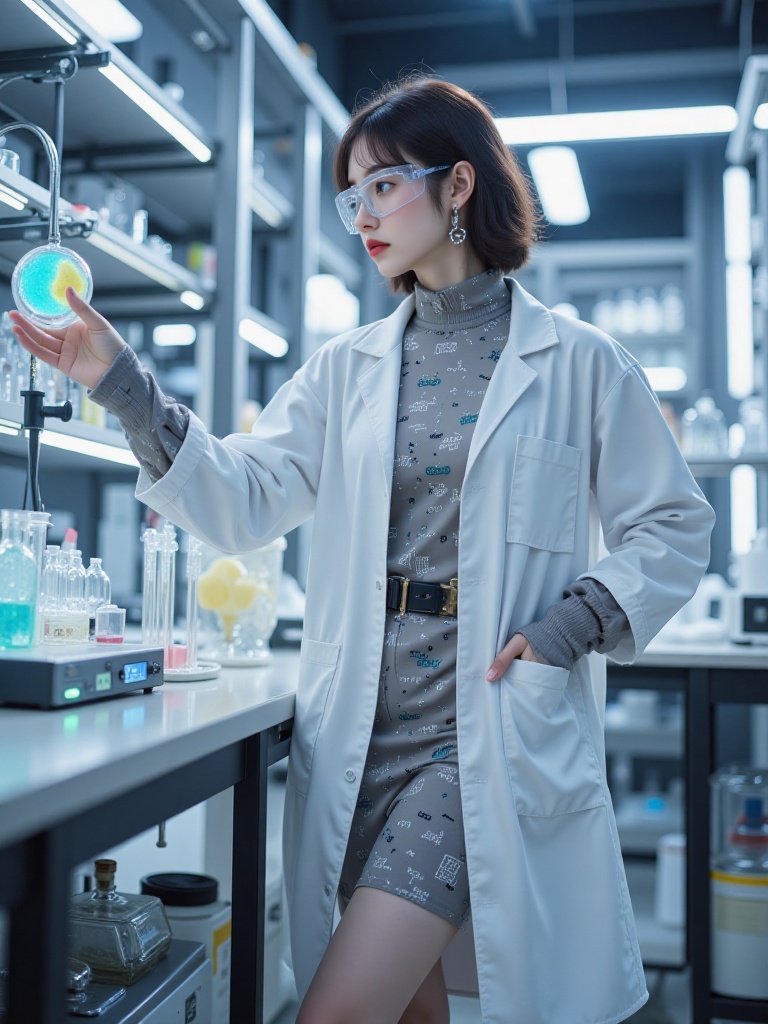 A scientific girl in a quantum laboratory scene,wearing a modified oversized shirt dress with a white coat,under which a tight-fitting suit printed with chemical equations can be seen through transparent PVC material. She is tiptoeing to reach the top culture dish,the fluorescent liquid in the test tube in her left hand flickers in sync with the hoop earrings. Miniature displays sewn onto the hem of the skirt are live-streaming the cell division process,experimental parameters scroll along the rim of the safety goggles,and the thick-soled Mary Jane shoes have built-in centrifuge models. Behind her,nanomaterials are floating and assembling on the lab table. The cold white light casts the shadow of precision instruments on her ceramic nails,and a molecular gastronomy-styled lipstick is attached to her tool belt around her waist.,