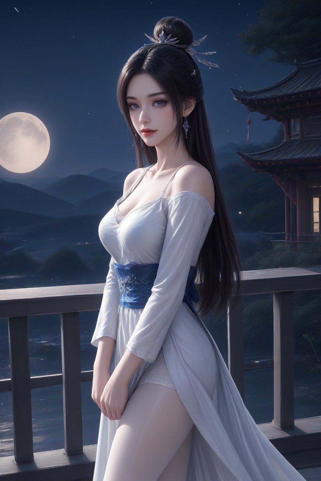 <lora:luxueqi_v1-000012:0.5>,luxueqi,1girl,solo,hair ornament,hair bun,facial mark,single hair bun,shiny,closed mouth,long hair,lips,lipstick,red lips,white dress,earrings,black hair,jewelry,dress,hair ornament,sash,shorts,moon,railing,clothing cutout,long sleeves,night sky,[moon],star \(sky\),chinese style architecture,lantern,looking at viewer,light smile,standing,(hands folded over the lower abdomen:1.2),full body,masterpiece,highres,absurdres,best quality,8K,high-res detailed,<lora:sh-glossy_r2:0.7>,white_pantyhose,high heels,louboutin heels,(white heels:1.2),footwear,<lora:Louboutin_Heels__PONY:0.5>,