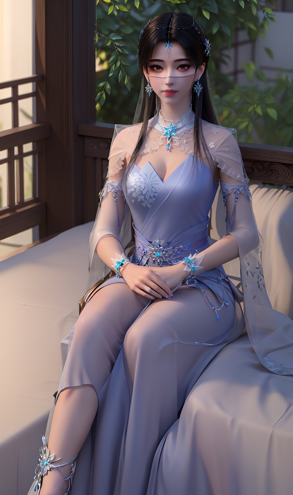 3D,masterpiece,(best quality),(makeup),official art, extremely detailed cg 8k wallpaper,((crystalstexture skin)), (extremely delicate and beautiful),(highly detailed),(1girl), (solo), (jewelry), (earrings),(black_hair),(long_hair),(hair_ornament),(handwear),(breasts),(sitting),,(upper_body),(dress), (skirt),(multicolored_clothes),(multicolored_dress),mask,(chinese_clothes),(adapted_costume), (sleeve),((closed_mouth)),(bracelet),((long_dress,long_skirt)),,((veil)),(sunshine, outdoor,bed),((looking_at_viewer)),((Facing the camera)),(thigh),, <lora:hipoly3DModelLora_v10:0.3>
