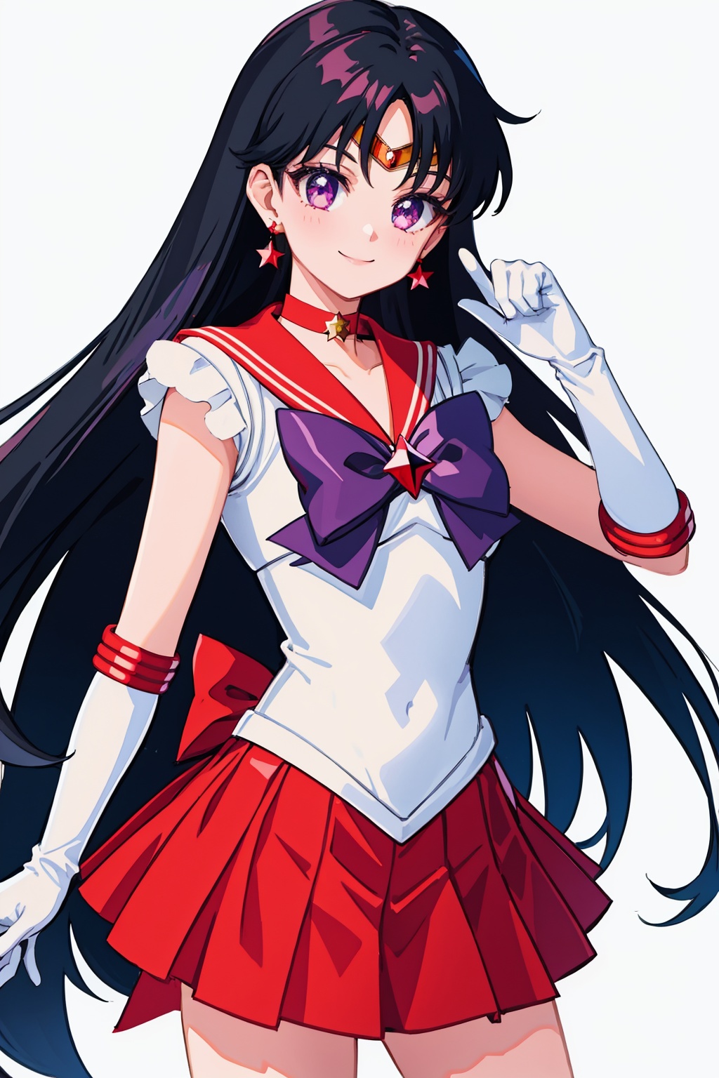 masterpiece,best quality, highly detailed, sailor mars,1girl,sailor senshi uniform,solo,red sailor collar,red skirt,star (symbol),white gloves,star earrings,pleated skirt,magical girl,elbow gloves,looking at viewer,tiara,smile<lora:sailor_mars:1>,simple background,white background