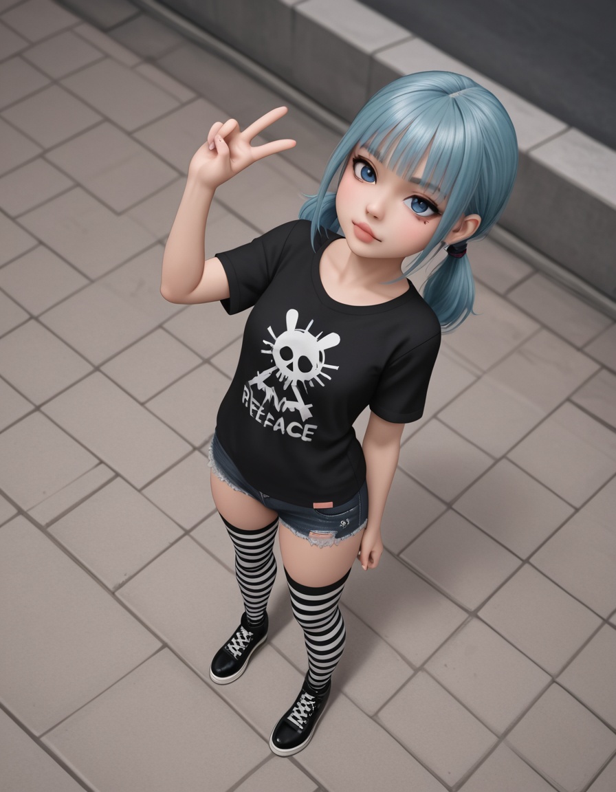 1girl,low twintails,Trim T-shirt,short shorts,striped thigh-high socks,thick things,punk BREAKpeace sign,from above,standing BREAKmasterpiece,best quality,absurdres,very aesthetic BREAK