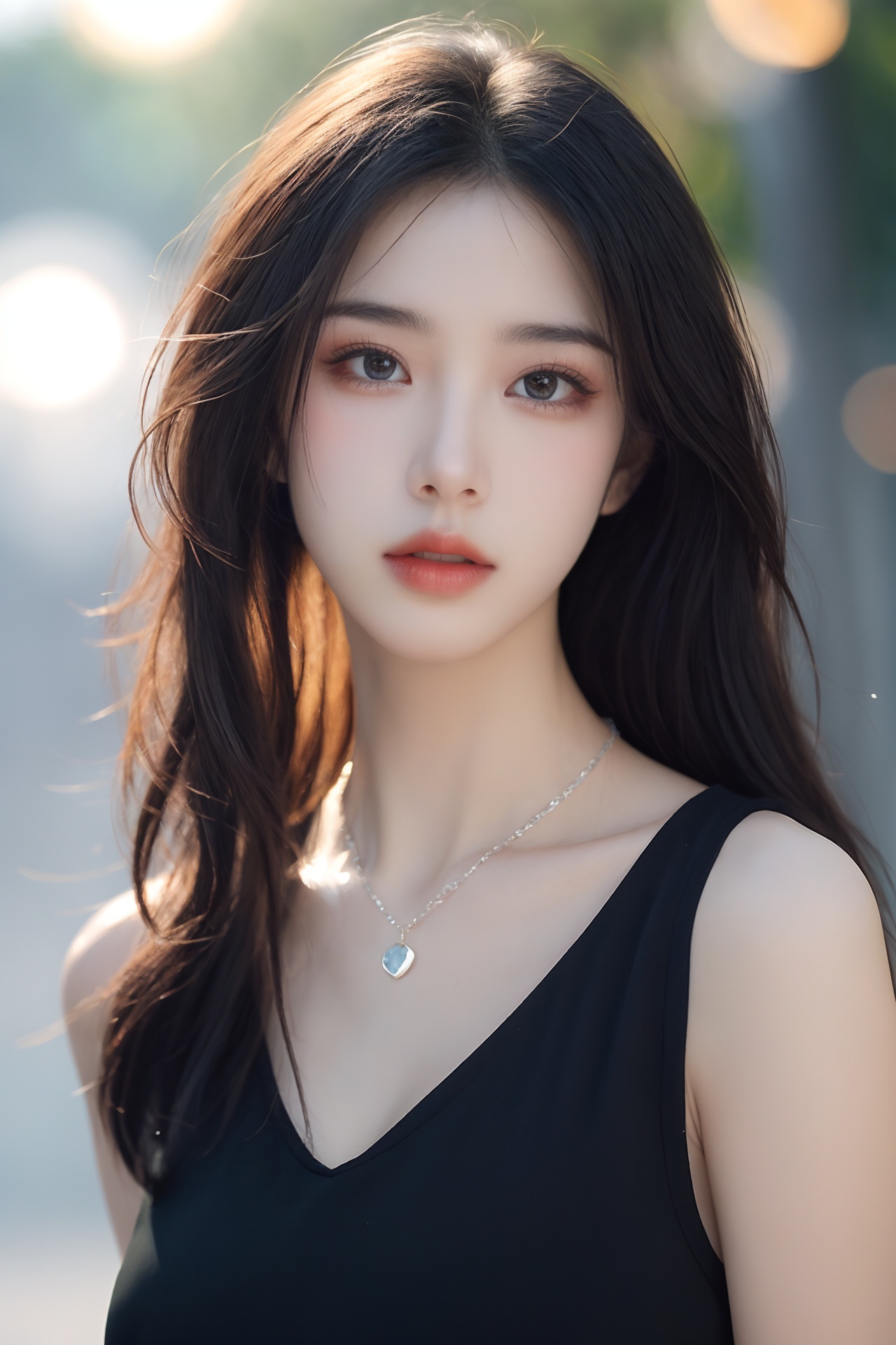1girl, black hair, blurry, blurry background, bokeh, depth of field, jewelry, lens flare, lips, long hair, looking at viewer, necklace, outdoors, sleeveless, solo <lora:美女:0.8>