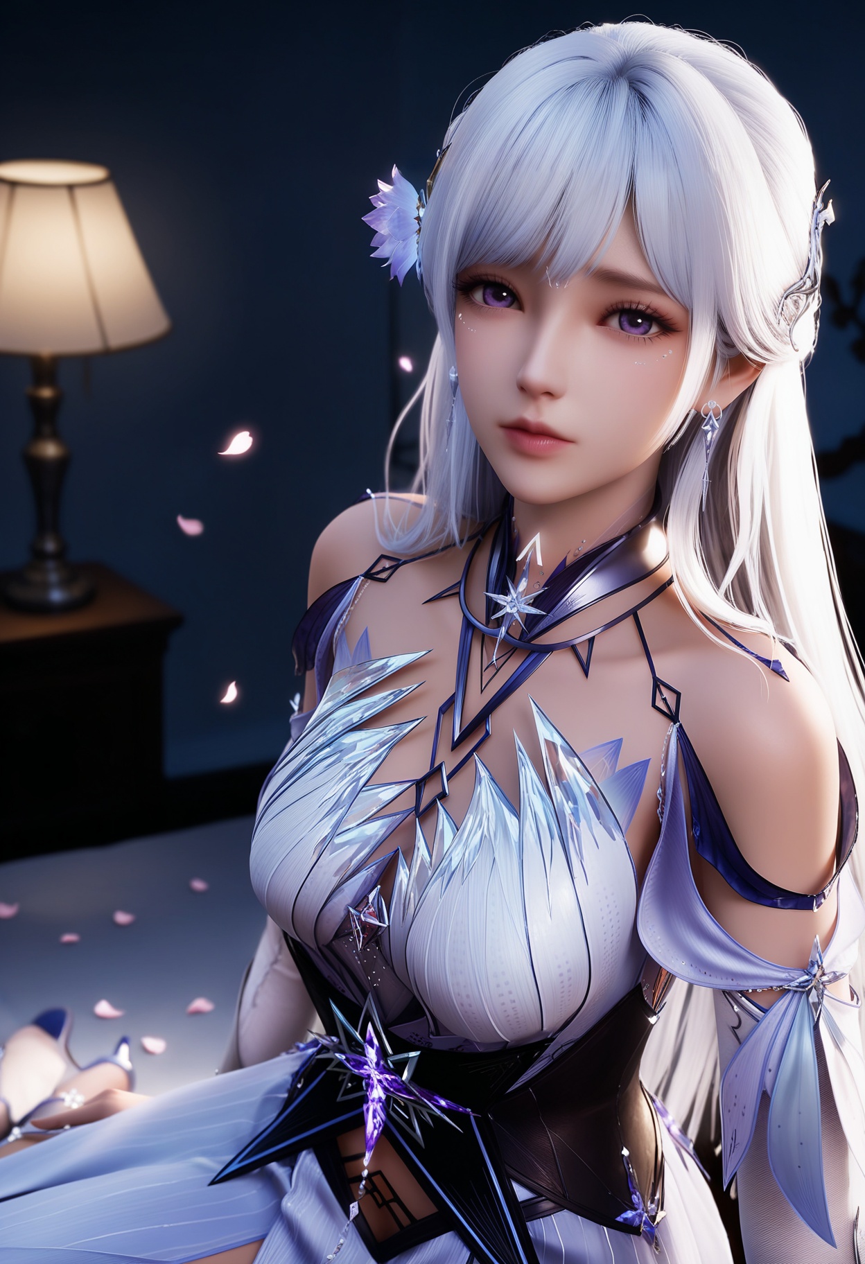 masterpiece,best quality,amazing quality,high resolution,ultra-detailed,absurdres,high res,8K,(looking at viewer:1.1),upper body,(Dark room:1.3),(moody lighting:1.1),falling petals,(large breasts:0.8),shengcaiersjcf,1girl,solo,long hair,hair ornament,white hair,jewelry,purple eyes,earrings,realistic,dress,bare shoulders,hair flower,white dress,lips,nose,pantyhose,strapless,long_dress,strappy heels,high_heels BREAK photorealistic details,<lora:QQSillshengcaiersjcfV1:0.8>,