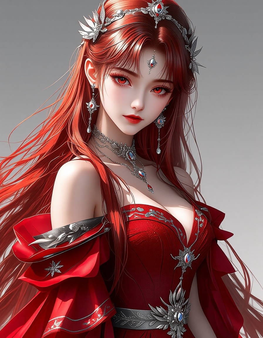 A digital painting of a young woman with long,flowing red hair,wearing an ornate red dress with intricate silver details. She has pale skin,red eyes,and a serene expression. Her dress has a plunging neckline,revealing cleavage. She wears elaborate silver jewelry,including a necklace with dangling pendants,earrings,and a headpiece with feathers. The background is a gradient of light gray,and the lighting is soft and diffused. The art style is realistic with a touch of fantasy.,