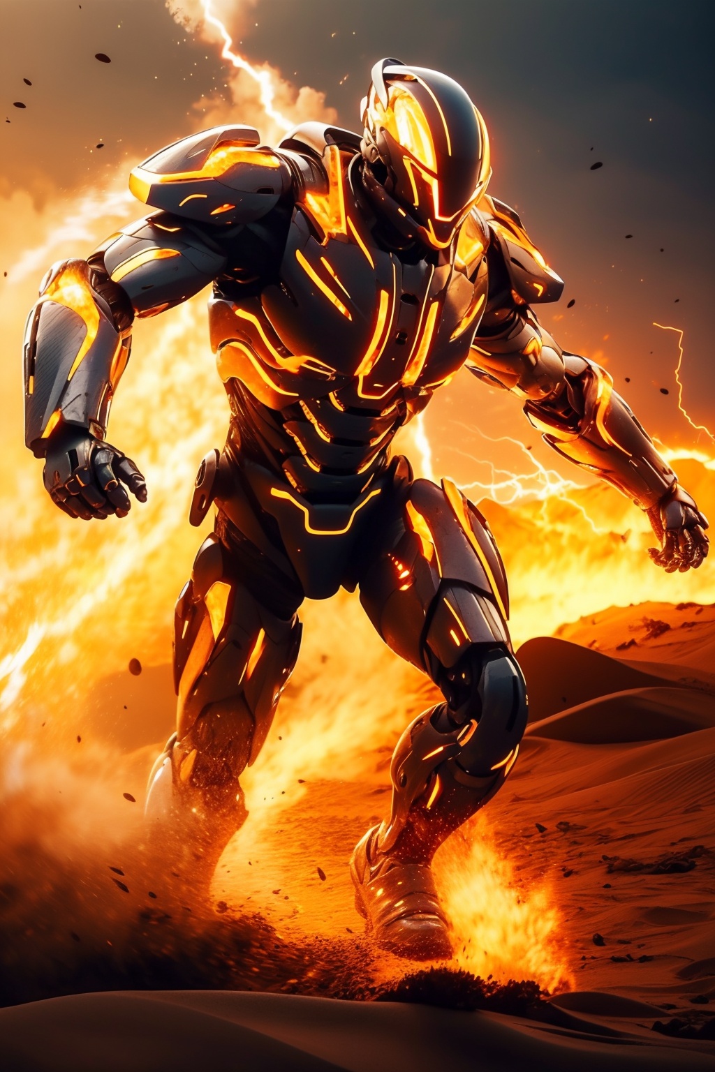 hjyfirerobot,fire,flashing lightning,chaos flame around mecha,rush out from flame and flashing,sleek mecha,front view,robot sleek and smooth helmet,glowing gold armor,masterpiece,best quality,(highly detailed),cyborg,(full body:1.2),wide angle,(sand  background:1.2),run,sunrise,<lora:hjyfirerobot2--000010:1>,