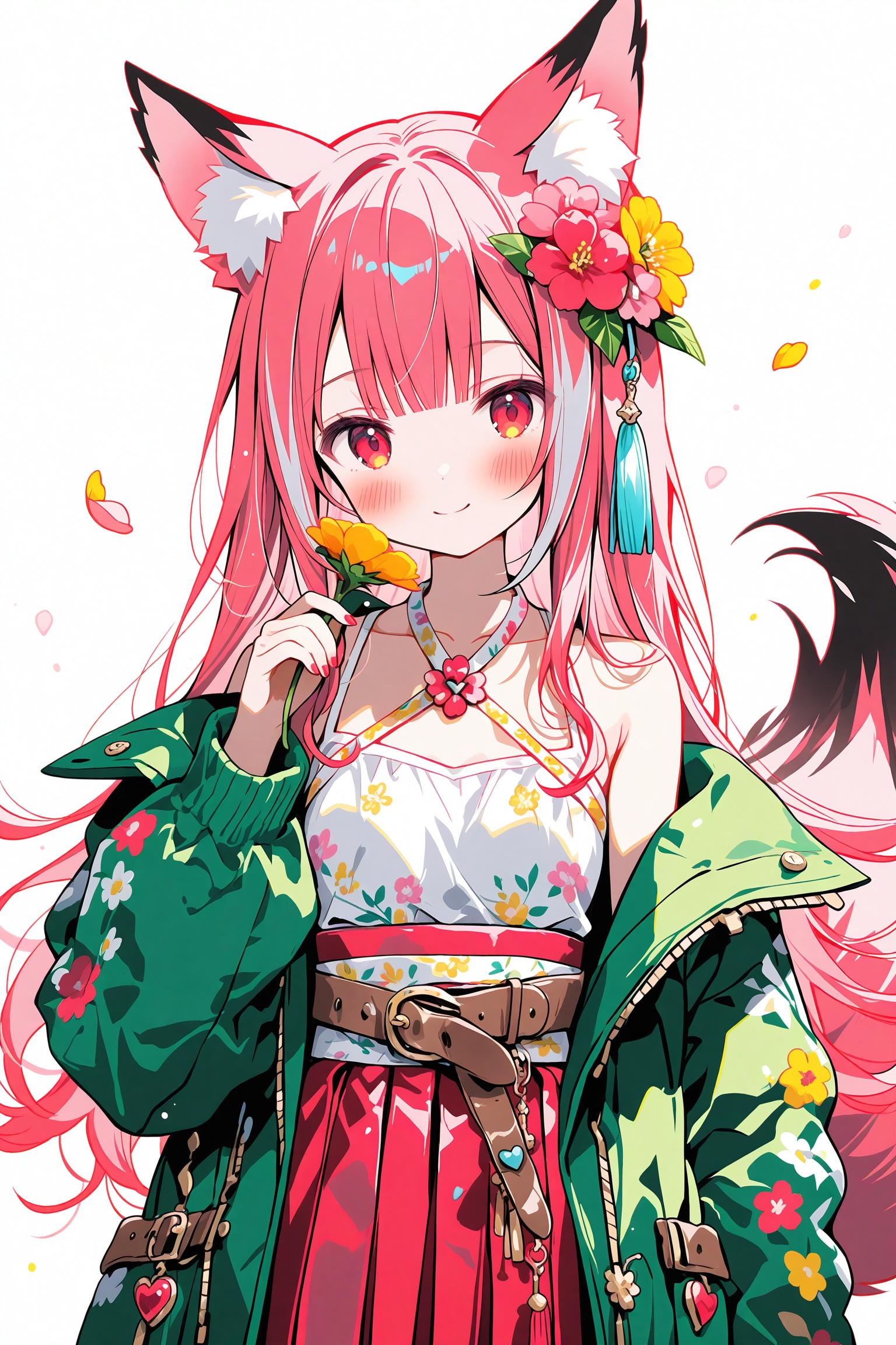 loli 1girl solo red eyes animal ears smile long hair off shoulder bare shoulders tail fox ears hair ornament looking at viewer long sleeves white hair closed mouth holding flower fox tail multicolored hair jacket very long hair sleeves past wrists belt open clothes japanese clothes hand up sheathed hakama skirt skirt floral print brown belt red hair hakama nail polish open jacket streaked hair fox girl blush lantern blue nails sword sheath kimono buckle breasts red skirt weapon belt buckle white background pleated skirt transparent background blunt bangs red flower halterneck red hakama pink hair black jacket two-tone hair heart tassel sleeveless animal ear fluff coat circle petals sidelocks collarbone pink flower red nails fingernails obi standing wide sleeves medium breasts dress upper body green jacket cowboy shot sash open coat tail raised yellow flower,<lora:lp23-000051:0.8>,