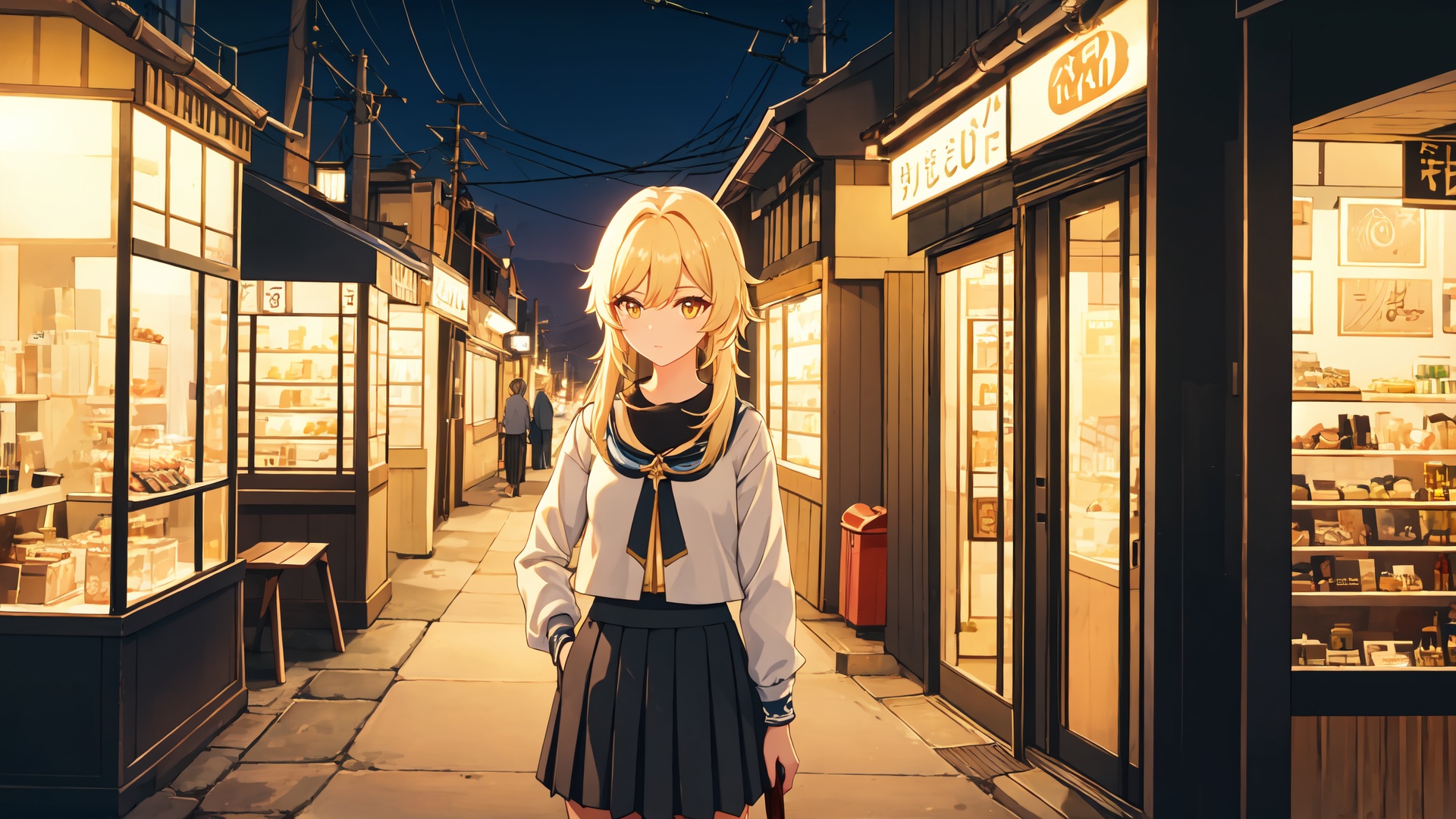 masterpiece,best quality,cinematic light,dramatic light,best shadow,colorful,wallpaper,high contrast,best illumination,ultra-detailed,an extremely delicate and beautiful,dynamic angle,depth of field,cowboy shot,upper body,<lora:lumine:0.6>,lumine (genshin impact),(solo:1.3),1girl,yellow eyes,blonde hair,(pleated skirt:1.3),(black shirt:1.3),perfect face,perfect eyes,sidelighting,outdoors,street,phone booth,cityscape,shop,handrail,street lamp,power lines,hands in pockets,sidelocks,