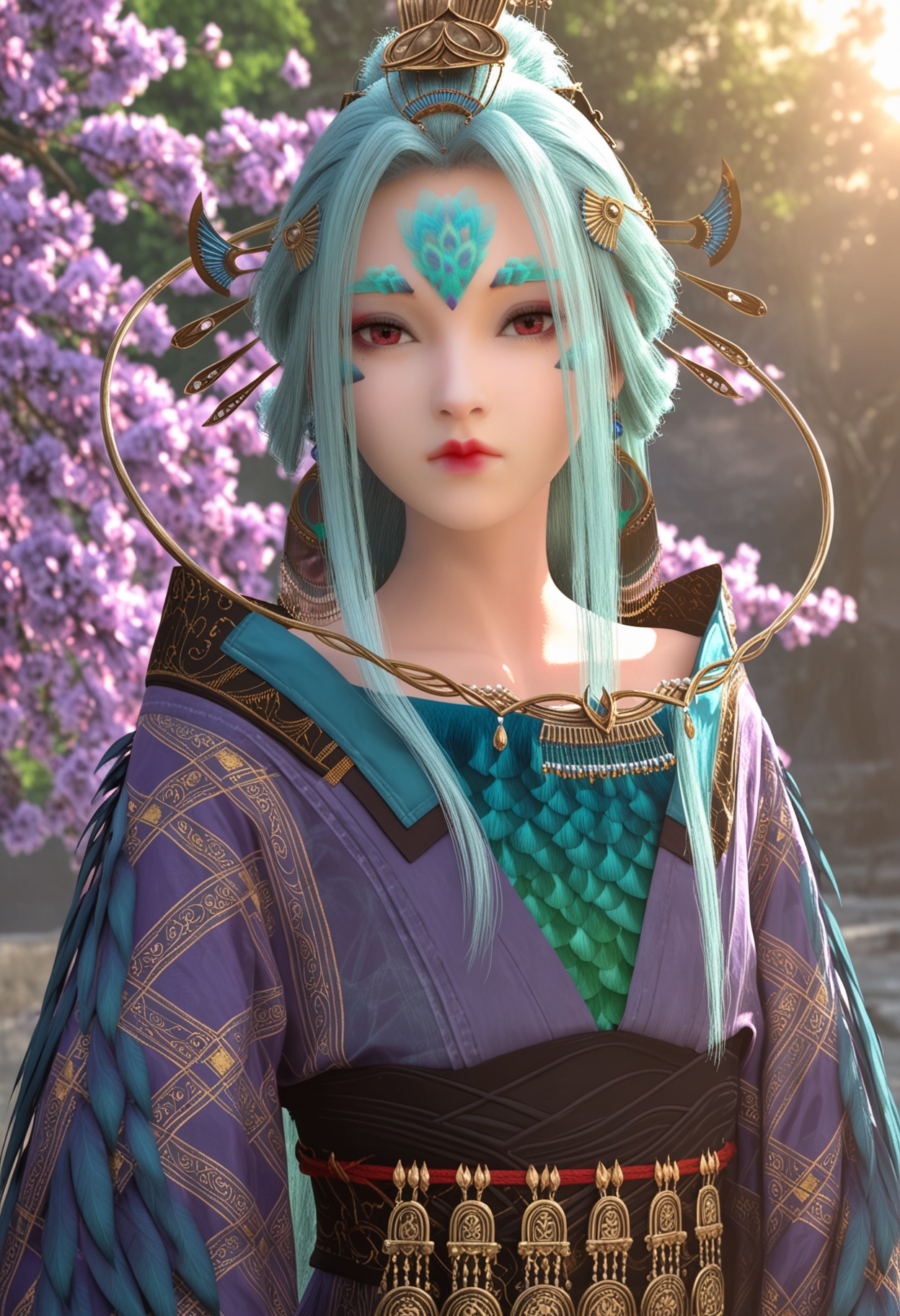 score_9,high detail,best quality,cinematic lighting,volumetric lighting,shiny skin,shiny,1girl,solo,jewelry,facial mark,long hair,upper body,closed mouth,sash,forehead mark,necklace,flower,hair ornament,earrings,expressionless,aqua hair,outdoors,japanese clothes,sidelocks,makeup,hair stick,looking at viewer,thick eyebrows,kimono,lips,realistic,red lips,red eyes,<lora:QQSponyfengmianV1:0.8>,<lora:Pony_DetailV2.0:0.8>,<lora:皮肤凹痕:0.1>,