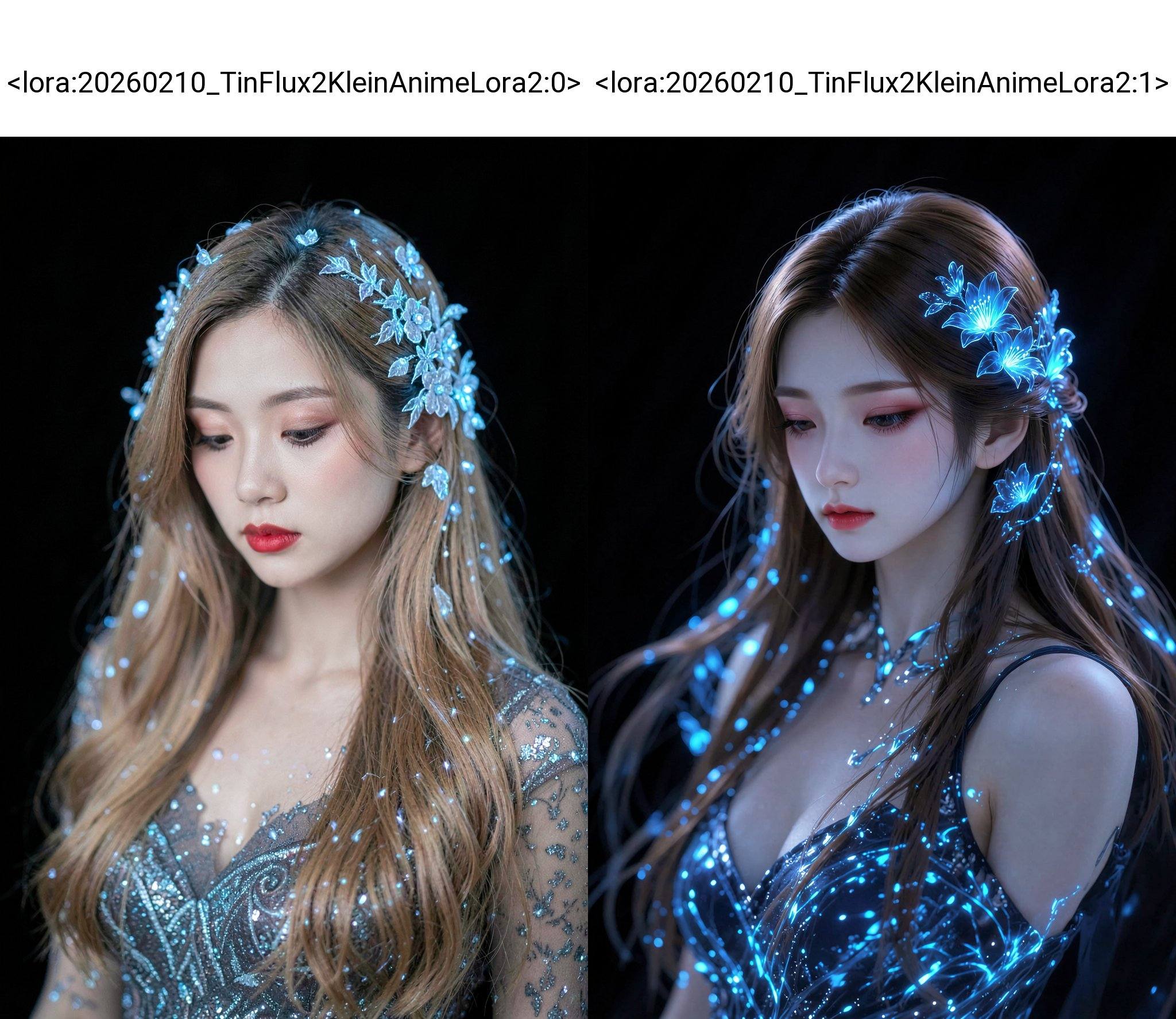 <lora:20260210_TinFlux2KleinAnimeLora2:0>, A captivating portrait features a young woman of East Asian descent, appearing in her early twenties, with long, flowing light brown hair cascading around her. She is adorned with intricate floral and light-like embellishments of luminous blue light, interwoven throughout her hair and clothing. The woman's gaze is directed downward, her expression serene and contemplative, highlighting her delicate facial features, soft skin, and gently parted lips, enhanced by a touch of red lipstick. She appears to be wearing an elegant, form-fitting dress with a subtle, shimmering pattern, further accentuated by the ethereal glow of the blue accents. The scene is bathed in a soft, ambient light, creating a sense of magic and mystery. The background is a deep, velvety black, intensifying the contrast and accentuating the luminous elements. The composition features a shallow depth of field, bringing the woman into sharp focus while the background fades into darkness. The overall mood is dreamlike, suggesting a blend of fantasy and realism, with a touch of Art Nouveau aesthetic.