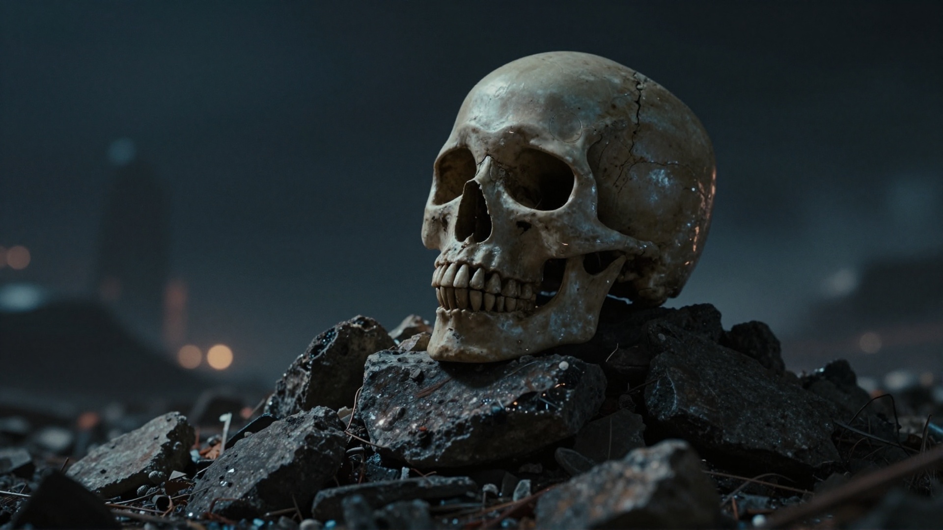 cinematic film still of cinematic style,  In 3D rendering style,  a dark themed image of a skull sitting on top of a pile...