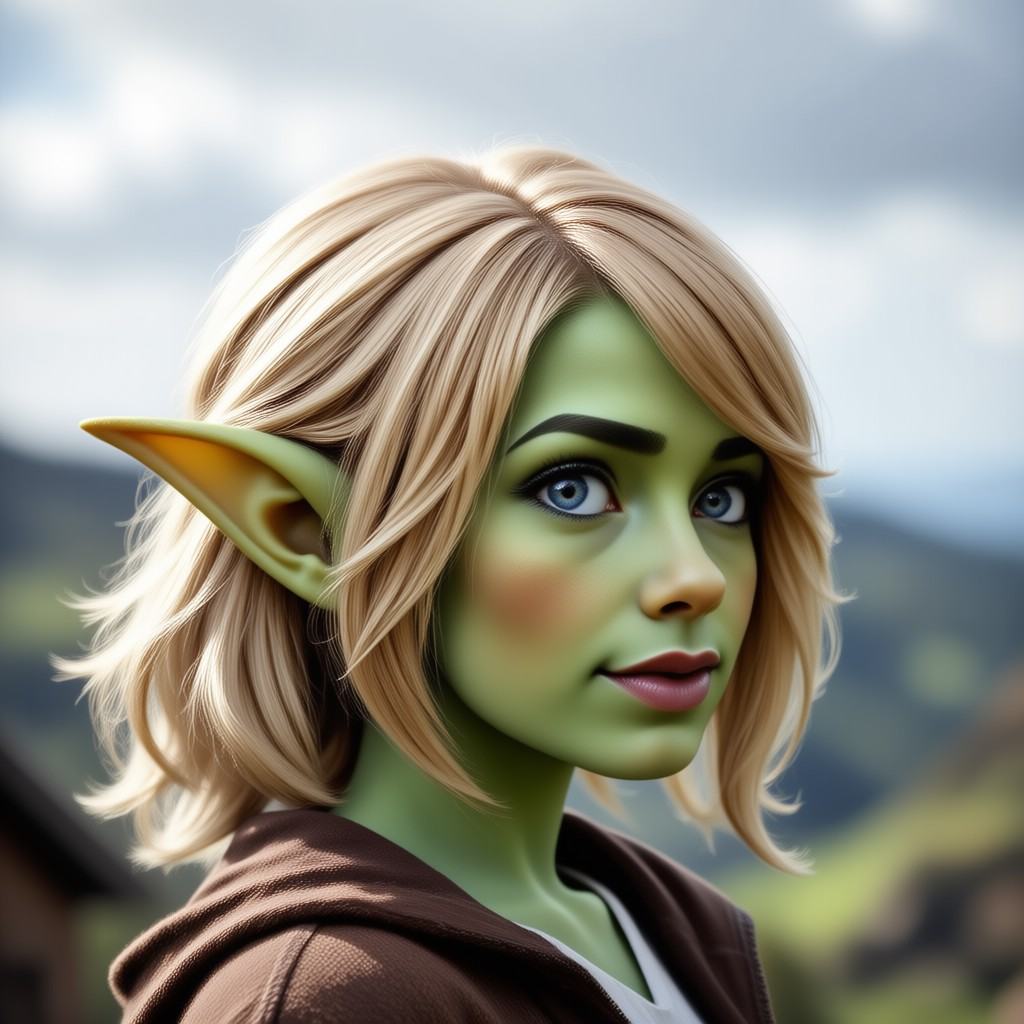 This is a high-quality,  digitally-created portrait of a green-skinned female elf with pointed ears,  set against a blurre...