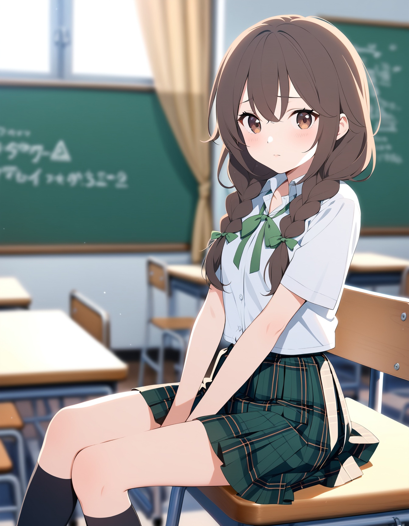 1girl,solo,twin braids,skirt,braid,shirt,sitting,brown hair,indoors,school uniform,looking at viewer,white shirt,bag,classroom,blush,long hair,chair,desk,black socks,plaid skirt,plaid,socks,brown eyes,collared shirt,short sleeves,school bag,ribbon,school chair,school desk,blurry,window,closed mouth,kneehighs,green skirt,blurry background,green ribbon,neck ribbon,pleated skirt,low twin braids,feet out of frame,hair over shoulder,between legs,hand between legs,curtains,chalkboard,
