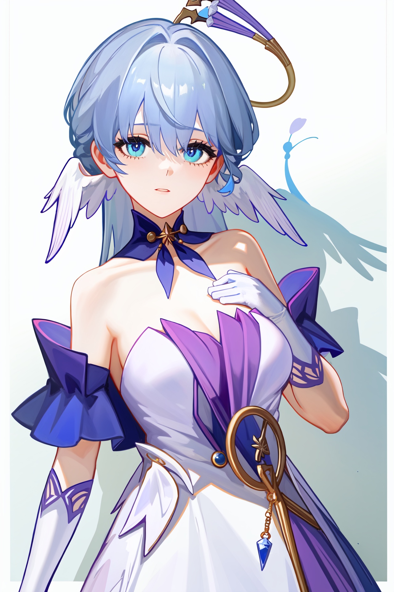 1girl,robin,head wings,strapless dress,white gloves,white dress,purple dress,collarbone,<lora:知更鸟v15:1:lbw=char>,blue hair,<lora:nai3画风bysdlion-000035:1:lbw=paint>,, (masterpiece,best quality,high quality:1.4),absurdres,