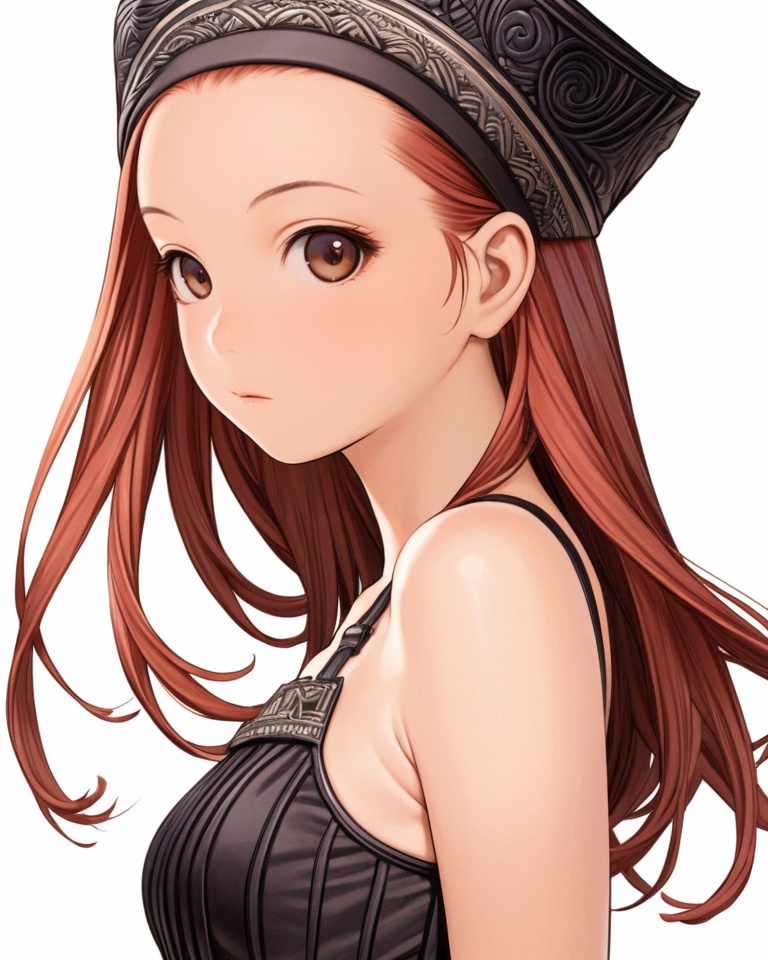 (best quality), ((masterpiece)), (highres), illustration, original, extremely detailed,  <lora:莲实复古动漫XL:0.7>1girl, solo, long hair, simple background, white background, looking at viewer, upper body, brown hair, forehead, hat, from side, bare shoulders, breasts, closed mouth, brown eyes, hairband, sleeveless, small breasts, red hair