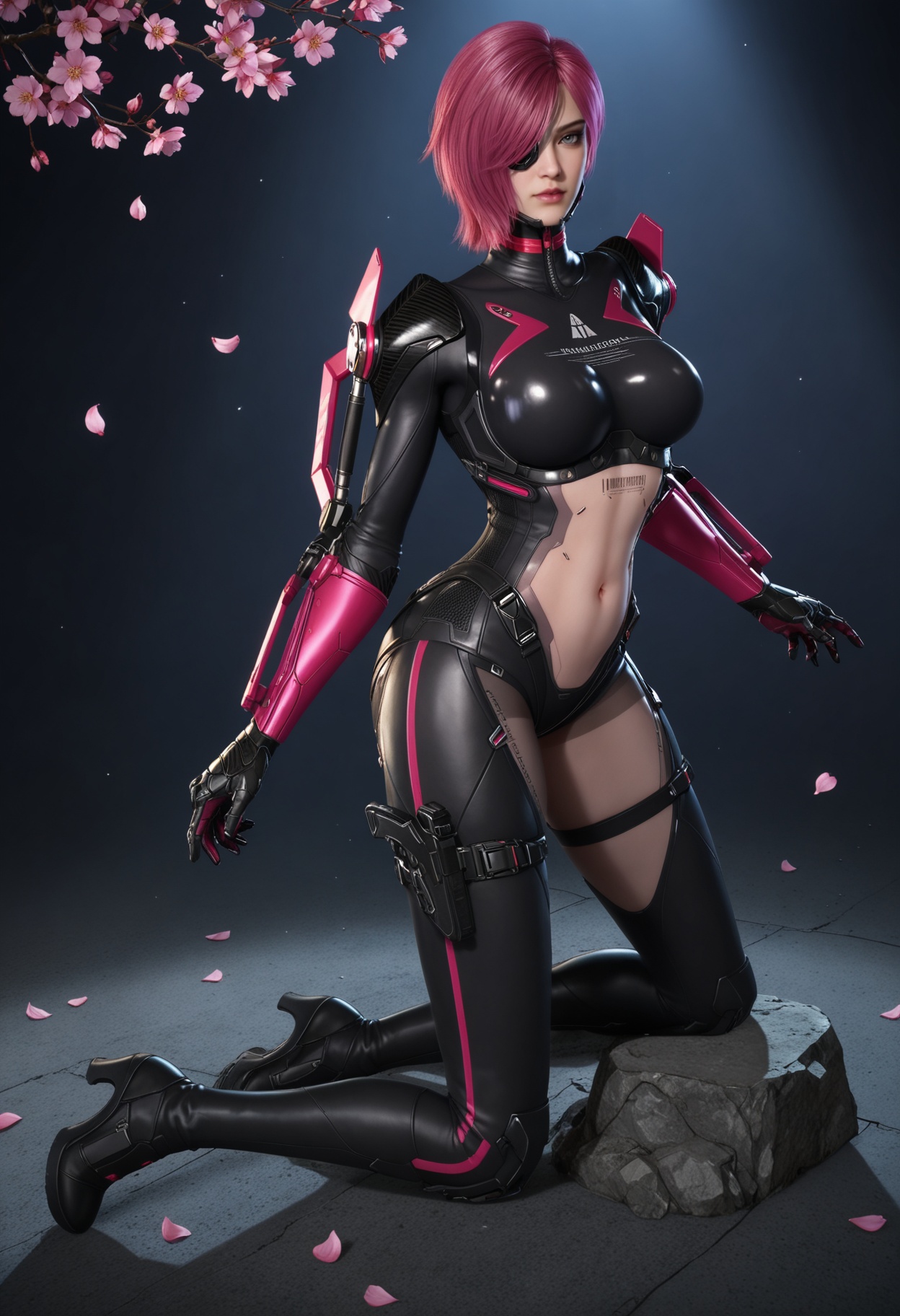 (full_body:1.1),looking at viewer:1.1,masterpiece,(best quality),smog,Dark room,dim lighting,peach blossom,falling petals,<lora:YQ_Illustrious光辉v5_缇娜_V1:0.8>,q1528437228,1girl,solo,pink hair,short hair,bodysuit,hair over one eye,gloves,blue eyes,red hair,black bodysuit,boots,holster,armor,eyepatch,skin tight,tattoo,mechanical arms,thighhighs,one eye covered,cyborg,thigh strap,thigh holster,grey eyes,high heels,purple hair,thighs,crop top,