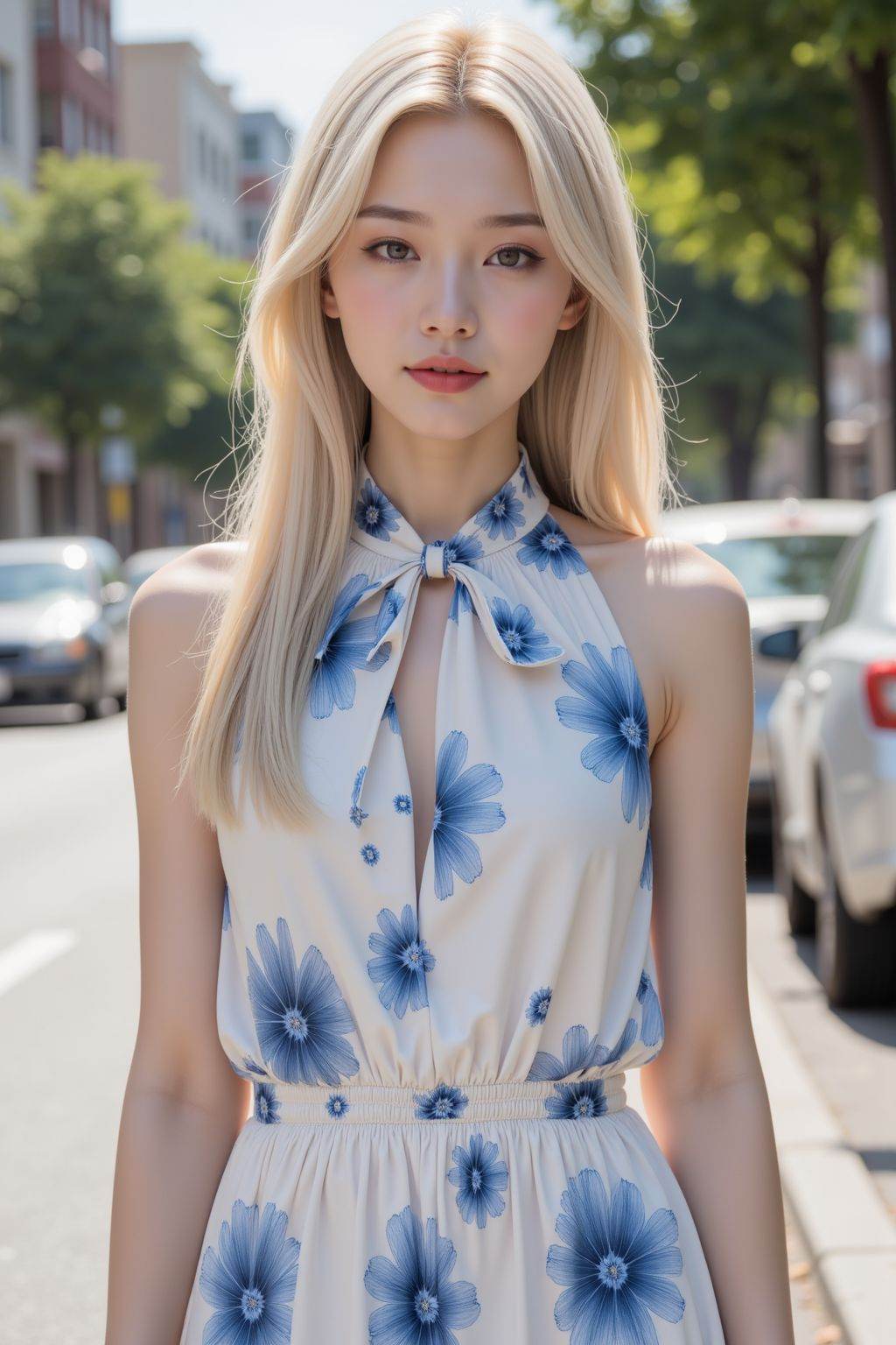 Photograph of a young Caucasian woman standing on a sunlit urban street. She has long, straight blonde hair, fair skin, and blue eyes, with a slight smile on her face. She wears a sleeveless, high-neck, white dress with blue floral patterns, cinched at the waist, and a bow at the neckline. Her physique is slender with a small bust. The background shows a street with parked cars, trees, and buildings, slightly blurred to emphasize her as the focal point. The lighting is bright and natural, highlighting the summer day. The overall style is casual and fresh.