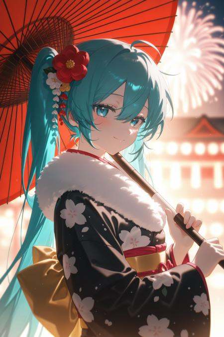 konya karasue,1girl,umbrella,japanese clothes,kimono,solo,hatsune miku,holding,happy new year,new year,holding umbrella,oil-paper umbrella,long hair,looking at viewer,ahoge,smile,sash,blurry,obi,hair ornament,blurry background,floral print,twintails,fireworks,backlighting,black kimono,closed mouth,wide sleeves,aqua hair,outdoors,flower,fur trim,long sleeves,hair flower,depth of field,hair between eyes,upper body,, ,masterpiece,best quality,amazing quality, absurdres,newest,very aesthetic,