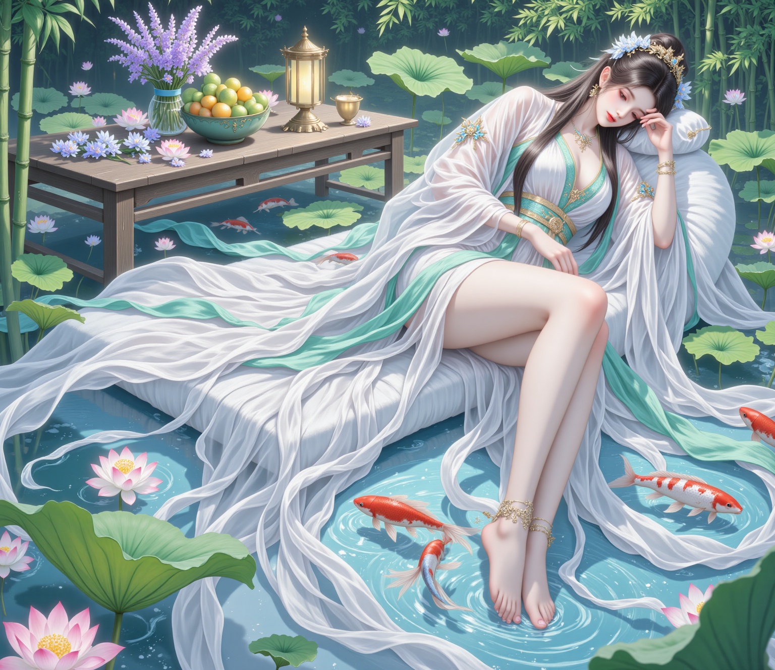 191houtu,This image is a beautifully detailed,fantasy-themed illustration. It depicts a serene scene where a woman is lying down,seemingly asleep or in a state of deep relaxation. She is dressed in traditional,flowing garments that are predominantly white with hints of green and blue,adorned with intricate patterns and accessories.,The woman is lying on a soft,white surface,possibly a bed or a cushion,with her head resting on a pillow. Her long,dark hair cascades over her shoulder,and she appears to be surrounded by a tranquil,natural environment.,To her left,there is a large pond filled with vibrant koi fish swimming among blooming lotus flowers. The water is clear,and the fish are of various colors,including red,white,and black. The lotus flowers are in full bloom,with petals ranging from pink to white,and some flowers are still in bud form.,The background features a wooden table with a lit lantern,a bowl of fruit,and a vase filled with purple flowers. The scene is further enhanced by the presence of lush green plants and bamboo,adding to the natural,peaceful ambiance.,The overall mood of the image is calm and serene,with a touch of elegance and tranquility. The colors are vibrant yet soothing,creating a harmonious and visually pleasing composition.,