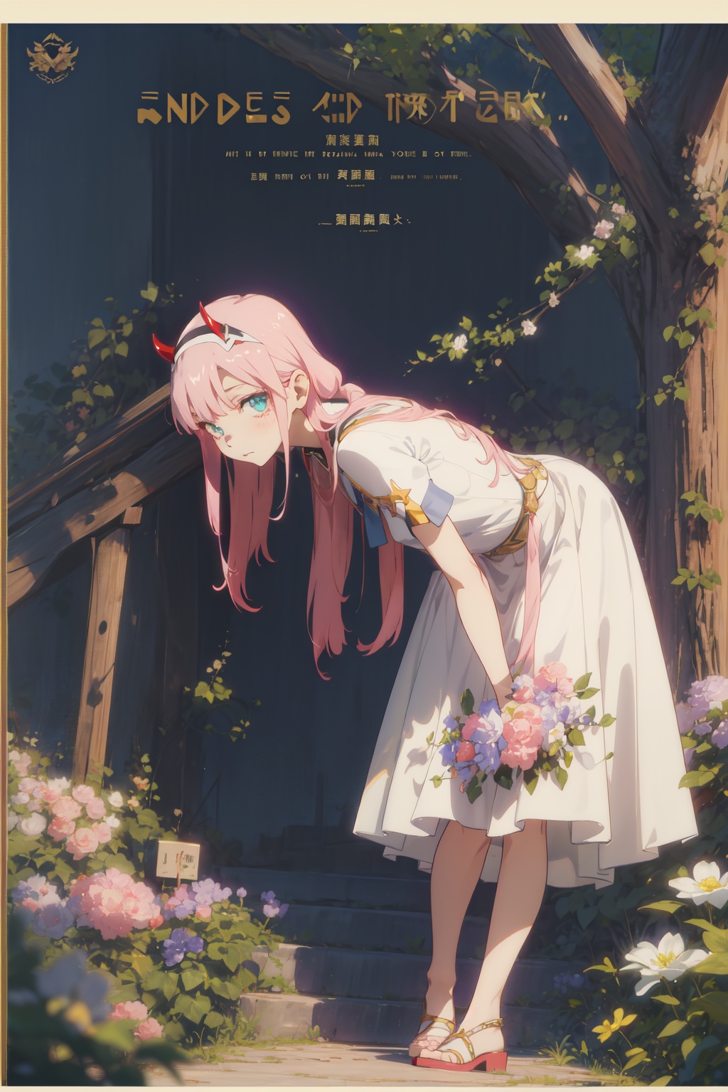 1girl,looking at viewer,solo,anime coloring,long hair,pink hair,straight hair,bangs,white hairband,horns,green eyes,eyeshadow,02_CYQL,<lora:02:0.8:lbw=MIDD>,Smocked bodice sundress with a tiered skirt and cap sleeves,(evil smile bent over profile front view:1.1),beautiful face,beautiful eyes,glossy skin,shiny skin,Redwoods, Giant trees, Ferns, Moss, Sunlight, Wildlife, Tranquility, Oxygen,Cottage garden flowers, Herbaceous borders, Cottage charm, Summer blooms, English countryside, Bees buzzing,beautiful detailed sky,beautiful detailed glow,(movie poster:1.2),(border:1.3),(English text:1.4),posing in front of a colorful and dynamic background,masterpiece,best quality,beautiful and aesthetic,contrapposto,female focus,fine fabric emphasis,wallpaper,fashion,depth of field,intricate_detail,finely_detailed,fine_fabric_emphasis,glossy,<lora:增强减少细节add_detail:0.4>,