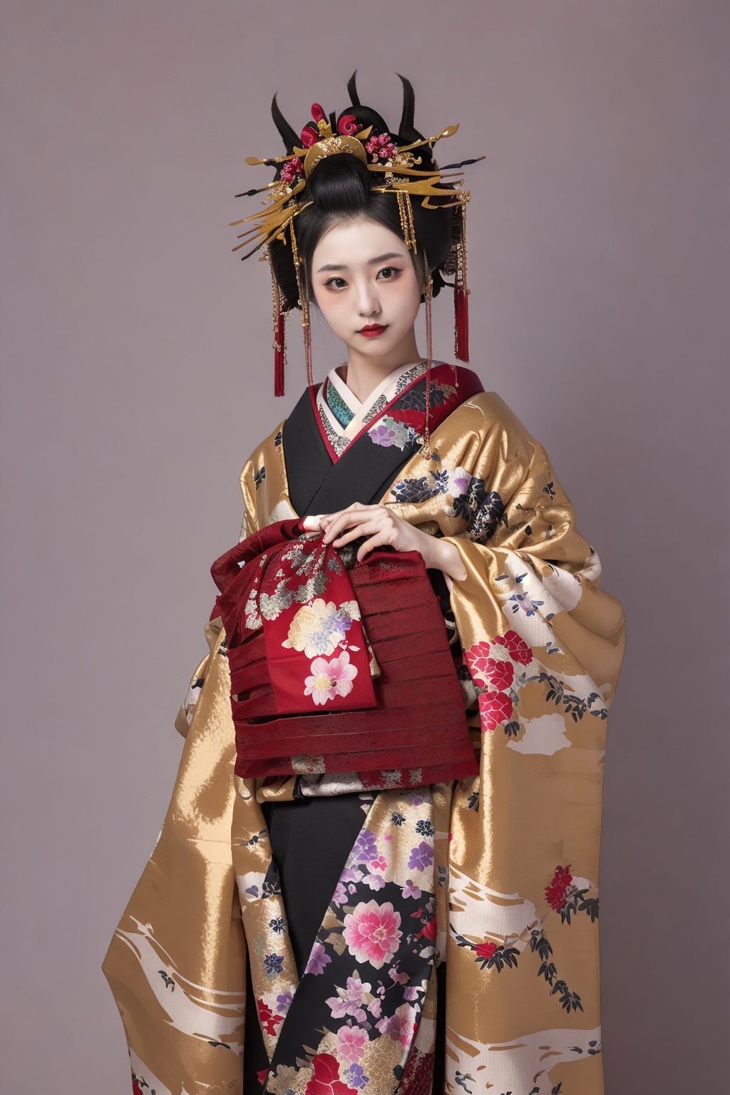 (wsoiran:1.1),1girl,oiran,headpiece,ornate,kimono,oversized clothes,facing viewer,simple background,