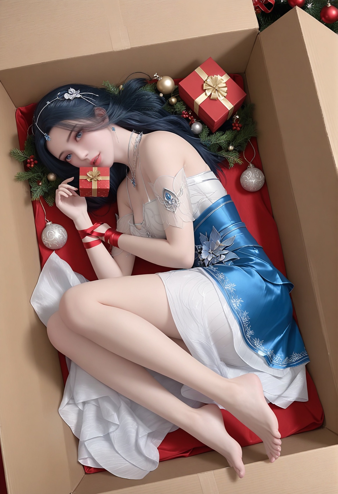 masterpiece,best quality,amazing quality,high resolution,ultra-detailed,absurdres,(looking at viewer:1.1),(moody lighting:1.1),1girl,jewelry,necklace,solo,box,earrings,in box,dress,bound,in container,looking at viewer,ribbon,lying,barefoot,blue eyes,merry christmas,on side,christmas,bare shoulders,gift,mouth hold,breasts,bdsm,bondage,<lora:李慕婉gh:0.8>,