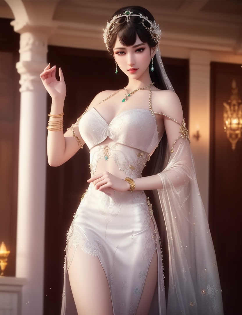 ultra realistic 8k cg, picture-perfect face, flawless, clean, masterpiece, professional artwork, famous artwork, cinematic lighting, cinematic bloom, perfect face, beautiful face, fantasy, dreamlike, unreal, science fiction,  beautiful clothes, lace, lace trim, lace-trimmed legwear,  (rich:1.4), prestige, luxury, jewelry, diamond, gold, pearl, gem, sapphire, ruby, emerald, intricate detail, delicate pattern, charming, alluring, seductive, erotic, enchanting, hair ornament, necklace, earrings, bracelet, armlet,halo((,1girl, pov,))(((,  1girl,  solo,looking at viewer, ))),(((1girl, solo, dress, jewelry)))<lora:DA_WhiteSnakeGreenSnake:0.7>