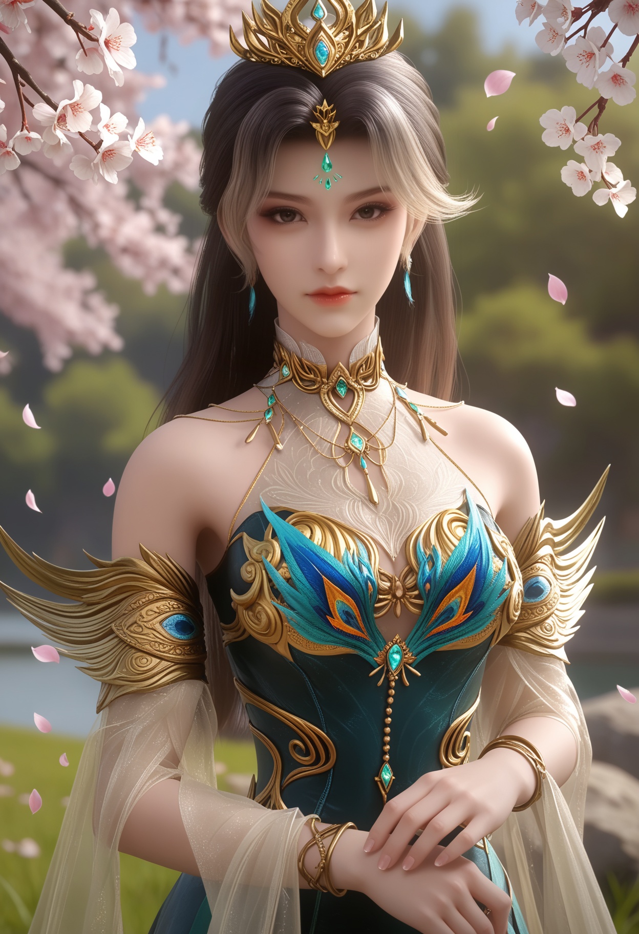 score_9,score_8_up,score_7_up,1girl,solo,realistic,(looking at viewer:1.1),(portrait:1.4),1girl,solo,realistic,dress,green dress,blue dress,beads,blue gemstone,clothing cutout,detached sleeves,feathers,gold bracelet,shawl,see-through,see-through sleeves,1girl,solo,realistic,jewelry,crown,tiara,crystal,hair ornament,earrings,necklace,collar,metal collar,armlet,bracelet,1girl,solo,realistic,(mature face:1.4),(big eye:0.7),(pale_skin:1.1),(shiny_skin:1.1),(slender face:1.2),long hair,black hair,brown hair,two-tone hair,grey hair,white hair,multicolored hair,forehead mark,forehead jewel,gem,facial mark,makeup,bare shoulders,black eyes,closed mouth,realistic,grass,madotsuki,cherry blossoms,falling petals,petals,outdoors,tree,rock,water,<lora:小巳-燕倾霏-新装:0.85>,
