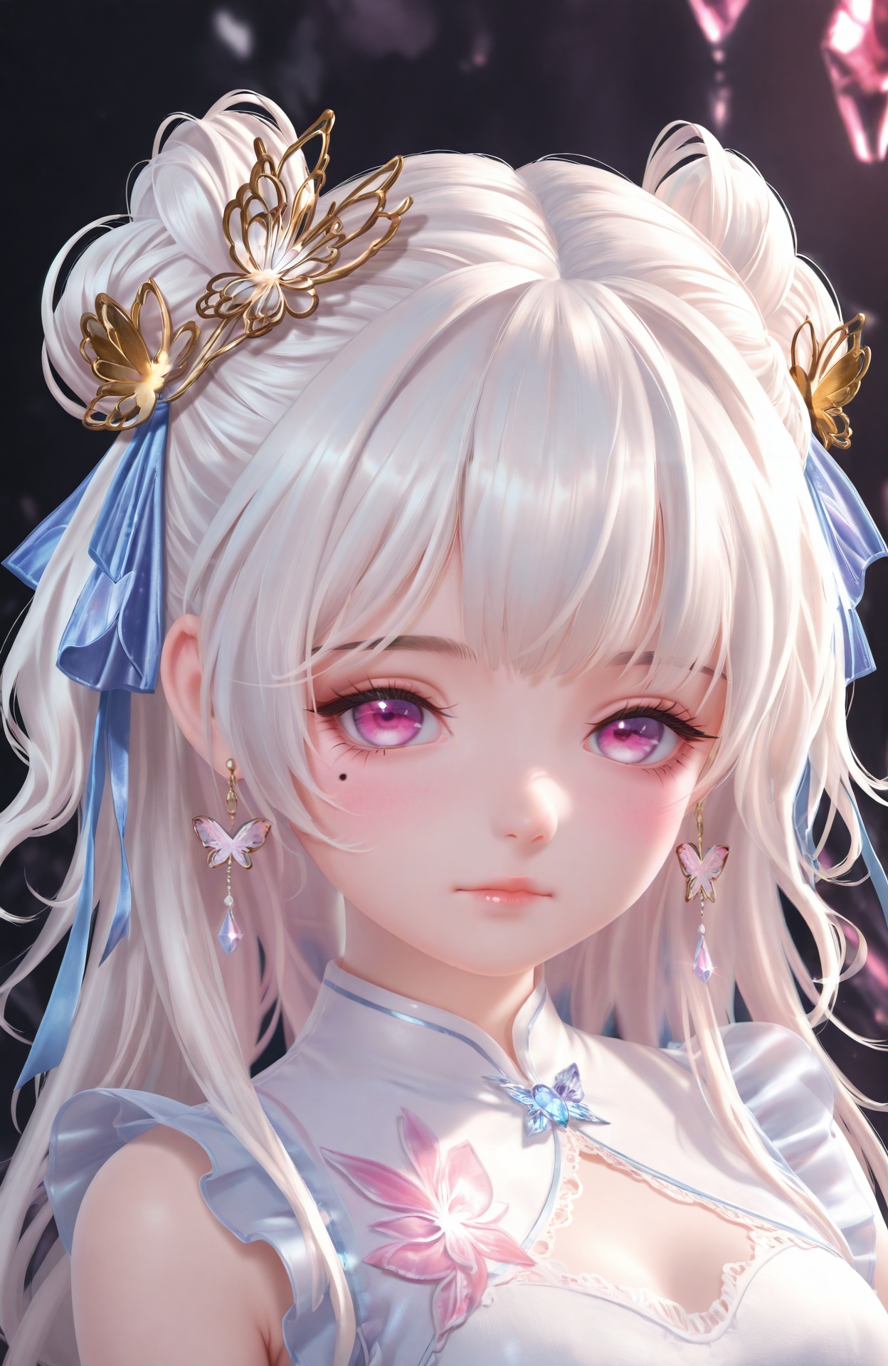 masterpiece,absurdres,best quality,loli,petite,high quality,chromatic_aberration,//,1girl,solo,mole_under_eye,portrait,hair_ornament,looking_at_viewer,mole,rabbit_hair_ornament,blurry_background,ribbon,earrings,blurry,closed_mouth,crystal,double_bun,jewelry,hair_ribbon,blue_ribbon,white_hair,purple_eyes,hair_rings,butterfly_hair_ornament,pink_eyes,lips,//,<lora:古风厚涂Loli——【CKXL】hans:1>,