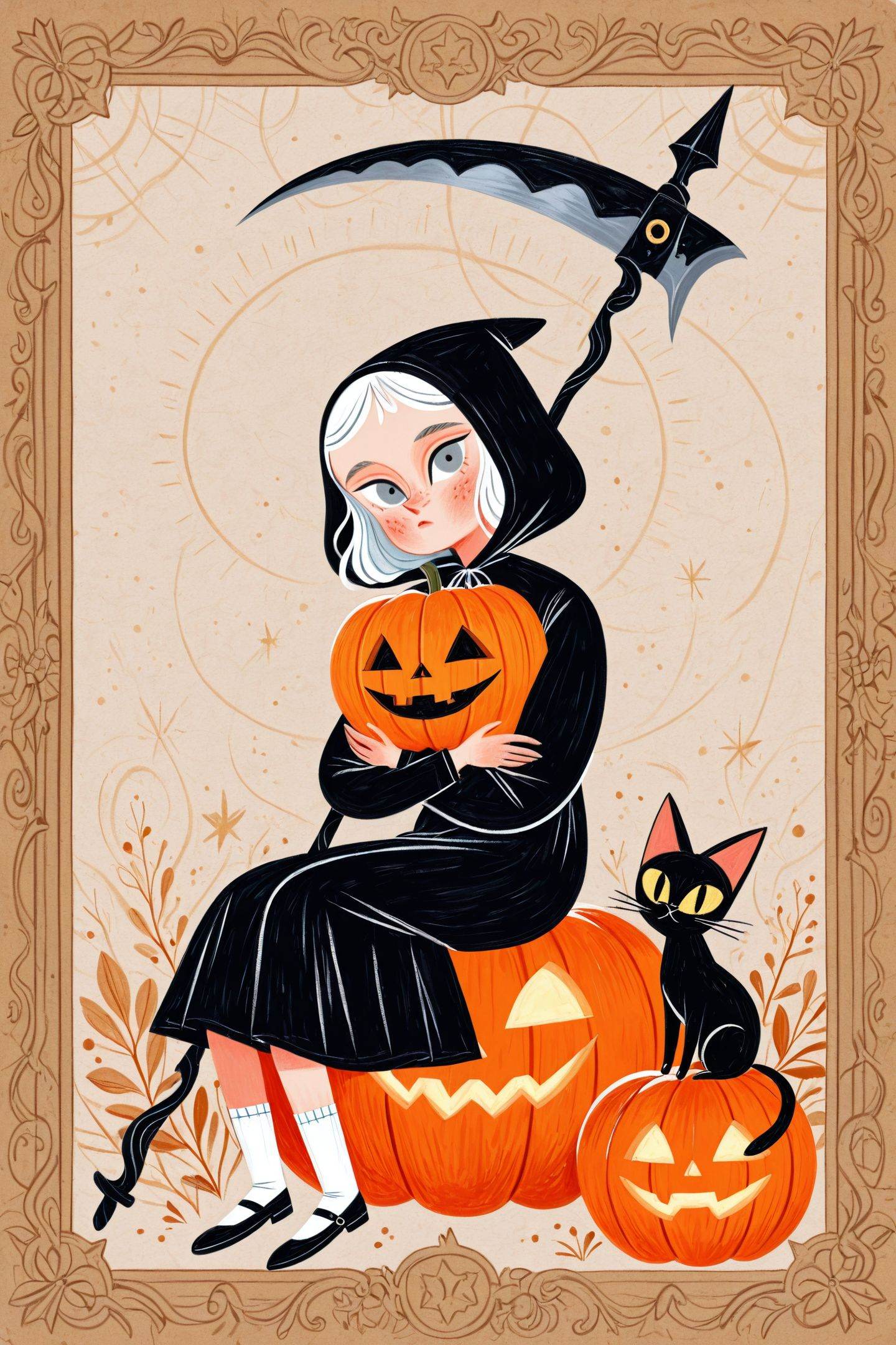 David SierrDavid Sierra Liston Style,1girl,scythe,jack-o'-lantern,hood,holding scythe,holding,pumpkin,sitting,dress,black footwear,black dress,white hair,halloween,hood up,solo,freckles,cat,socks,black cat,shoes,long sleeves,looking at viewer,white socks,mary janes,blush,grey eyes,animal,<lora:David Sierra Liston_illustriousXL:1>,