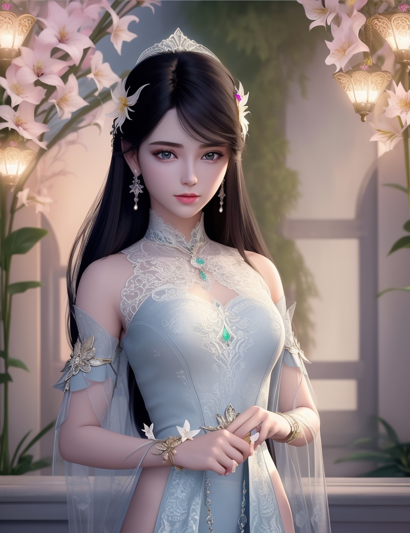 ultra realistic 8k cg, picture-perfect face, flawless, clean, masterpiece, professional artwork, famous artwork, cinematic lighting, cinematic bloom, perfect face, beautiful face, fantasy, dreamlike, unreal, science fiction,  beautiful clothes, lace, lace trim, lace-trimmed legwear,  (rich:1.4), prestige, luxury, jewelry, diamond, gold, pearl, gem, sapphire, ruby, emerald, intricate detail, delicate pattern, charming, alluring, seductive, erotic, enchanting, hair ornament, necklace, earrings, bracelet, armlet,halo((,1girl, pov,))(((,lily \(flower\),  1girl, spring_\(season\), solo,looking at viewer, ))) <lora:DA_XiaoXunEr:0.6>