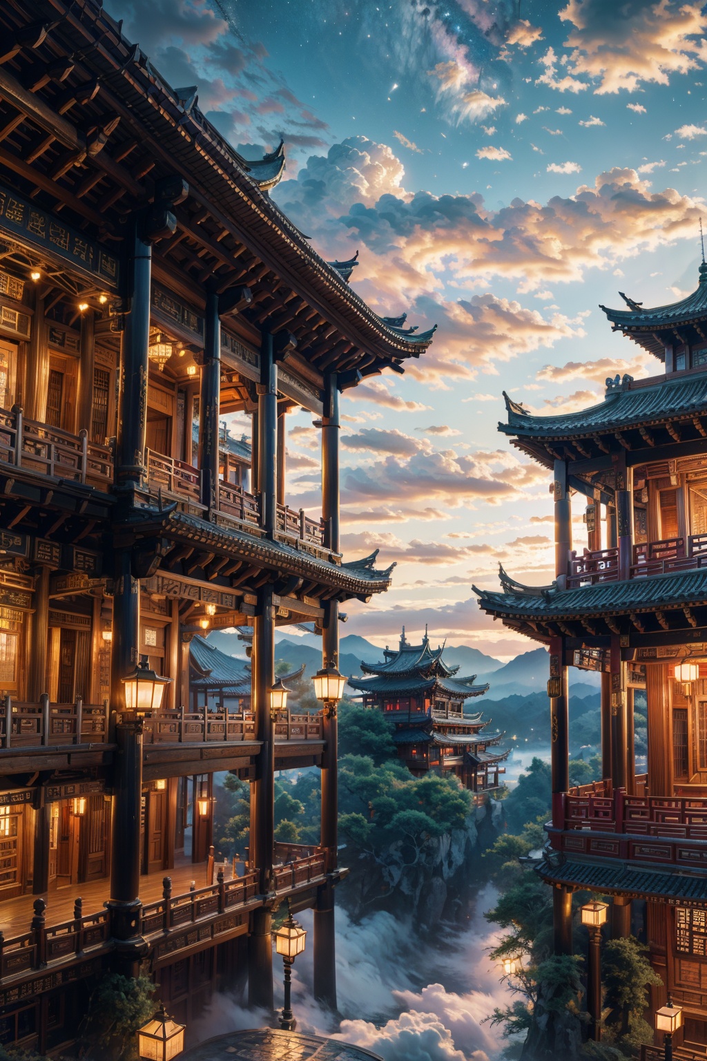 (masterpiece:1.2),best quality,highres,extremely detailed CG,perfect lighting,8k wallpaper,photograph,photorealistic,chinese architecture,fantasy,sky,<lora:FF_20240110192137-000007:0.7>,