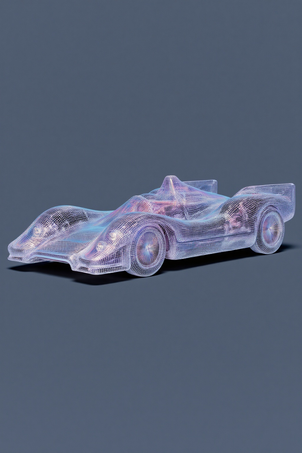 beijihui,Holographic race car with wireframe body and pulsating engine glow 