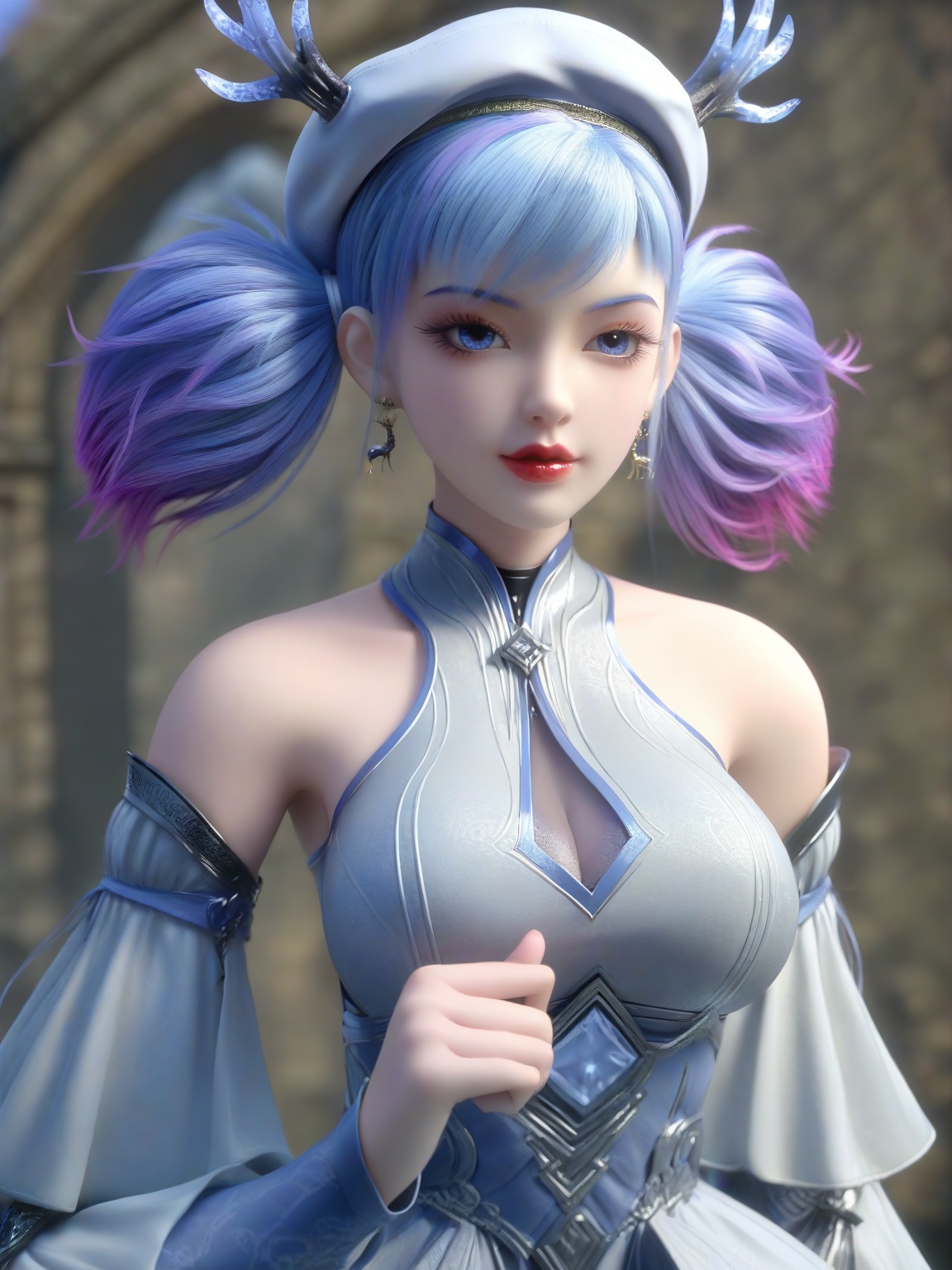 score_9,1girl,breasts,large breasts,standing,solo,eyeshadow,bangs,bare shoulders,beret,detached sleeves,dress,earrings,gradient hair,multicolored hair,lipstick,simple background,   looking at viewer,upper body,<lora:SF_XiaoMiLu_Pony_Realism2.3-000003:0.7>,