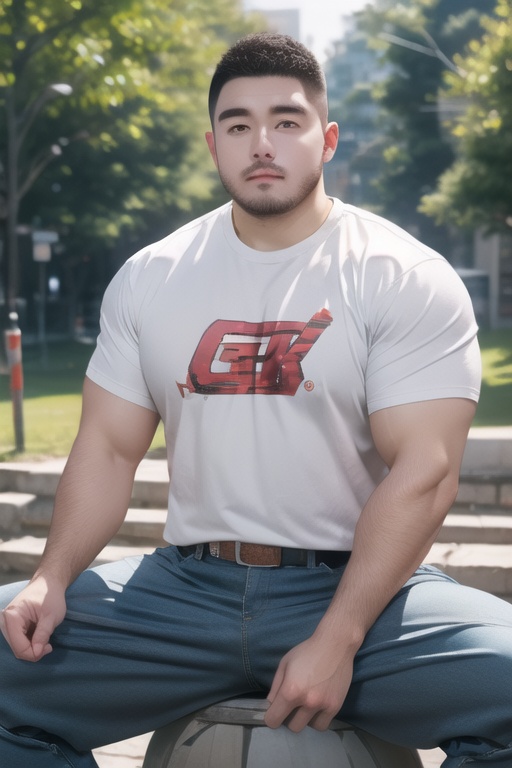 best quality,masterpiece,ultra high res,male focus,pants,boy black short hair,(Plump man:0.5),detailed background,game_cg,bara stocky,male fucus,mature male,thick thighs,muscular male,(fade haircut),Boy,Male focus,solo,sitting,reality,belt,looking towards the camera,outdoors,pants,casual pants,shirt,clothes,bust,medium_shot,<lora:xfman-000006:0.8>,outdoors,
